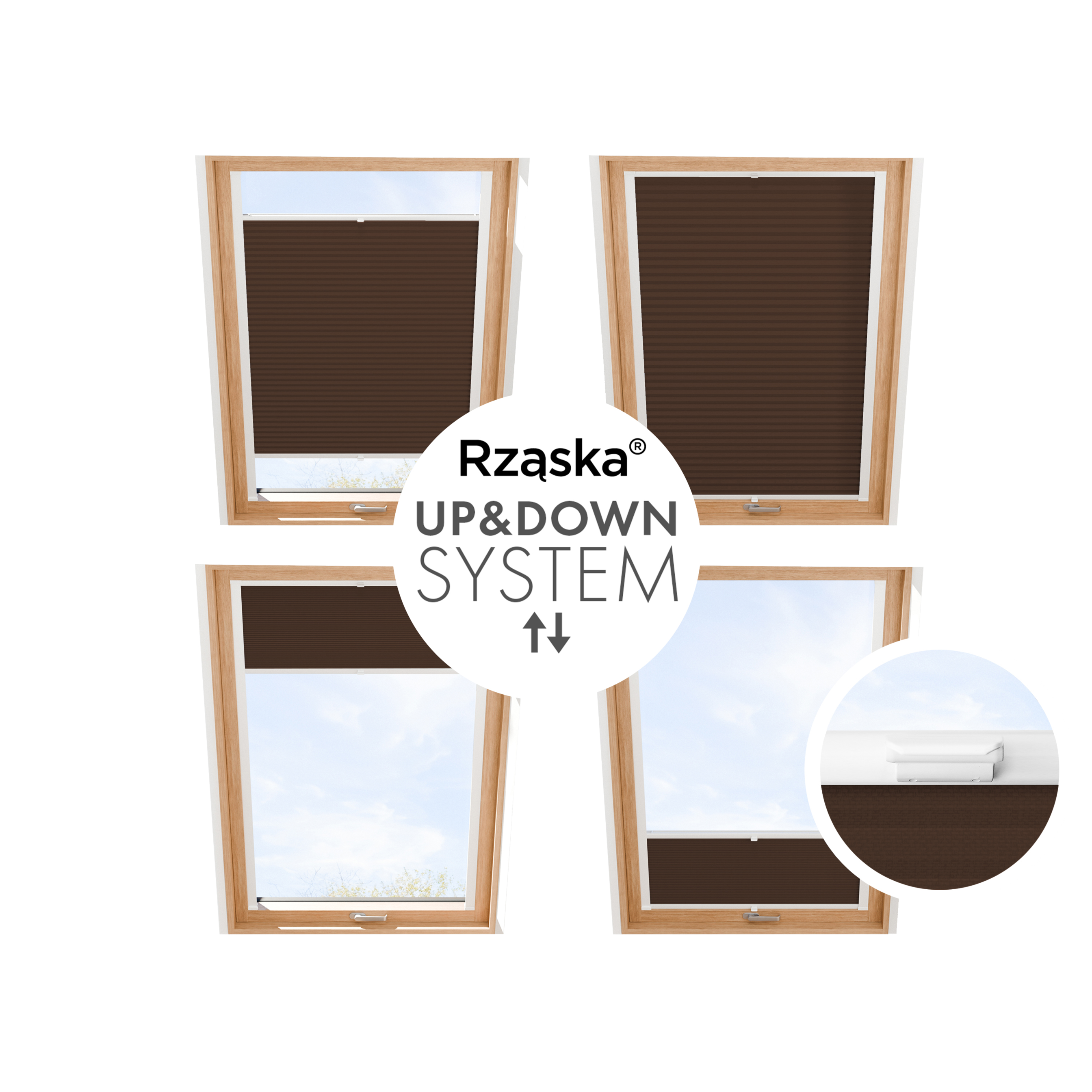 Roleta plisowana dachowa Rząska® na wymiar, uchwyty Risinfix do przykręcania, kolekcja Premium w kolorze Gorąca czekolada, ciemnego brązu z profilem białym.