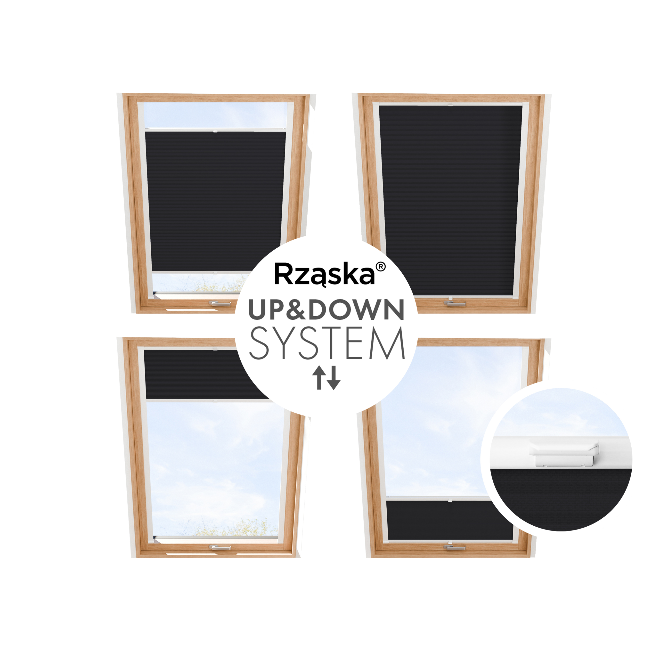 Roleta plisowana dachowa Rząska® na wymiar, uchwyty Risinfix do przykręcania, kolekcja Premium w kolorze Śląski węgiel, czarnym z profilem białym.