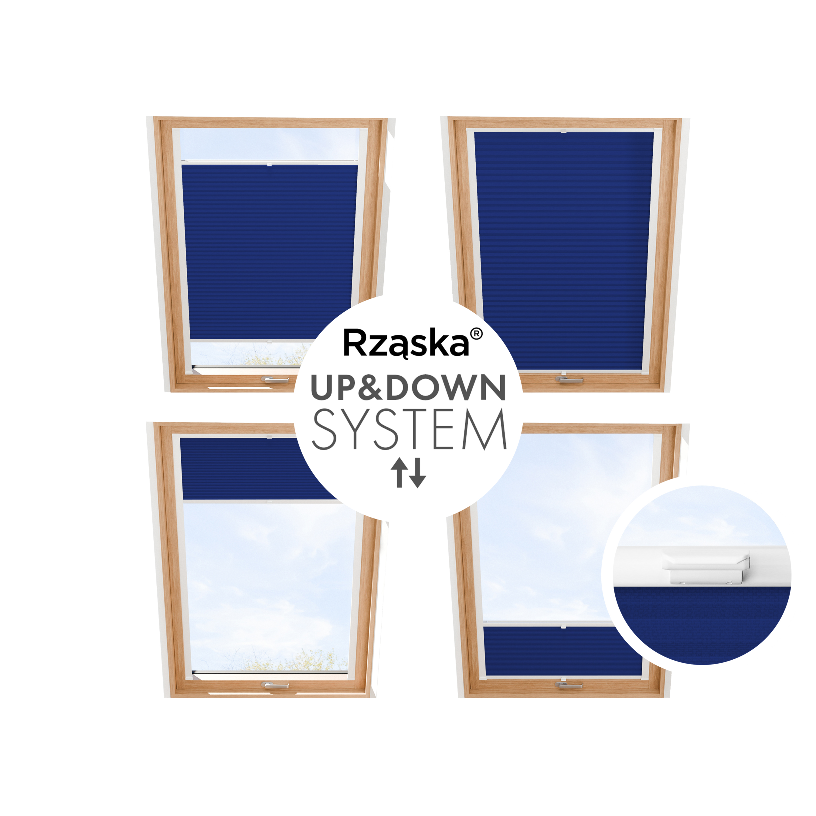 Roleta plisowana dachowa Rząska® na wymiar, uchwyty Risinfix do przykręcania, kolekcja Premium w kolorze Błękitna laguna, niebieskim z profilem białym.