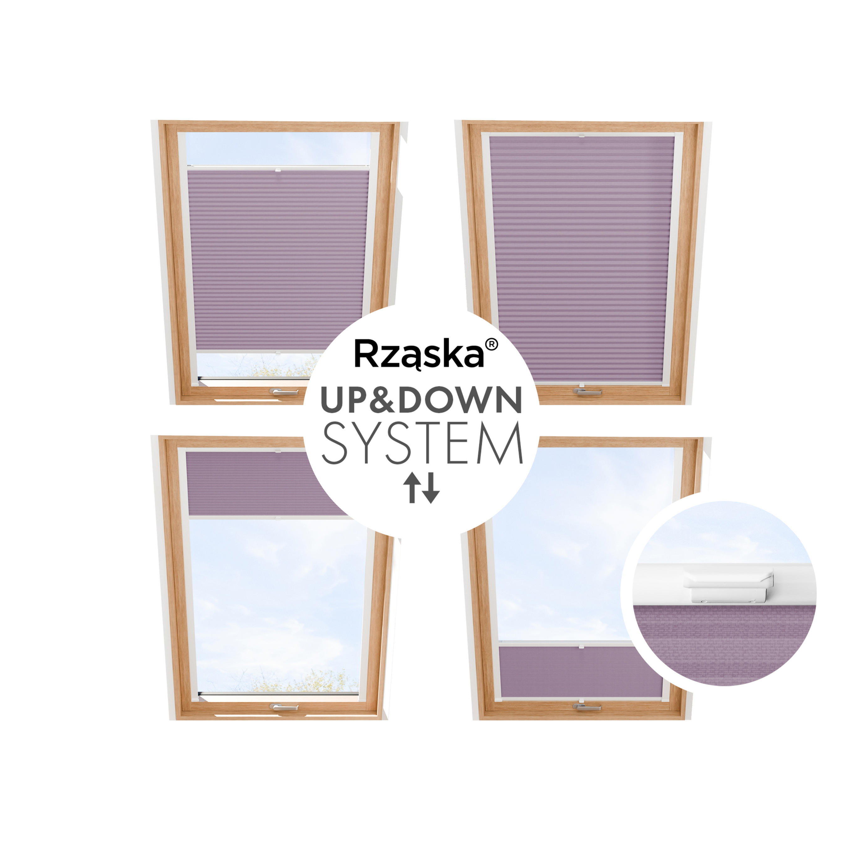 Roleta plisowana dachowa Rząska® na wymiar, uchwyty Risinfix do przykręcania, kolekcja Premium w kolorze Śliwkowy urok, fioletowym z profilem białym.