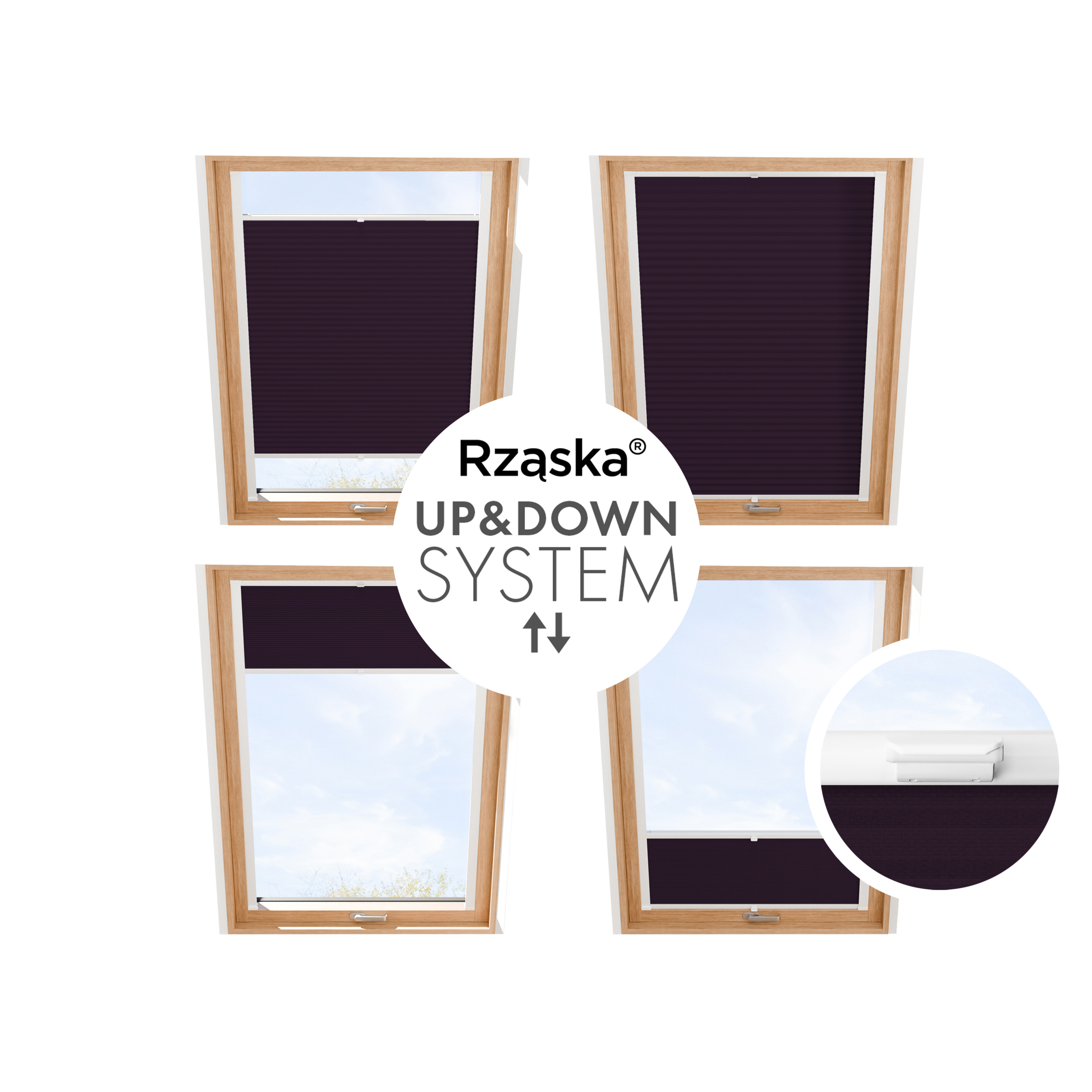 Roleta plisowana dachowa Rząska® na wymiar, uchwyty Risinfix do przykręcania, kolekcja Premium w kolorze Muza północy, fioletowym z profilem białym.