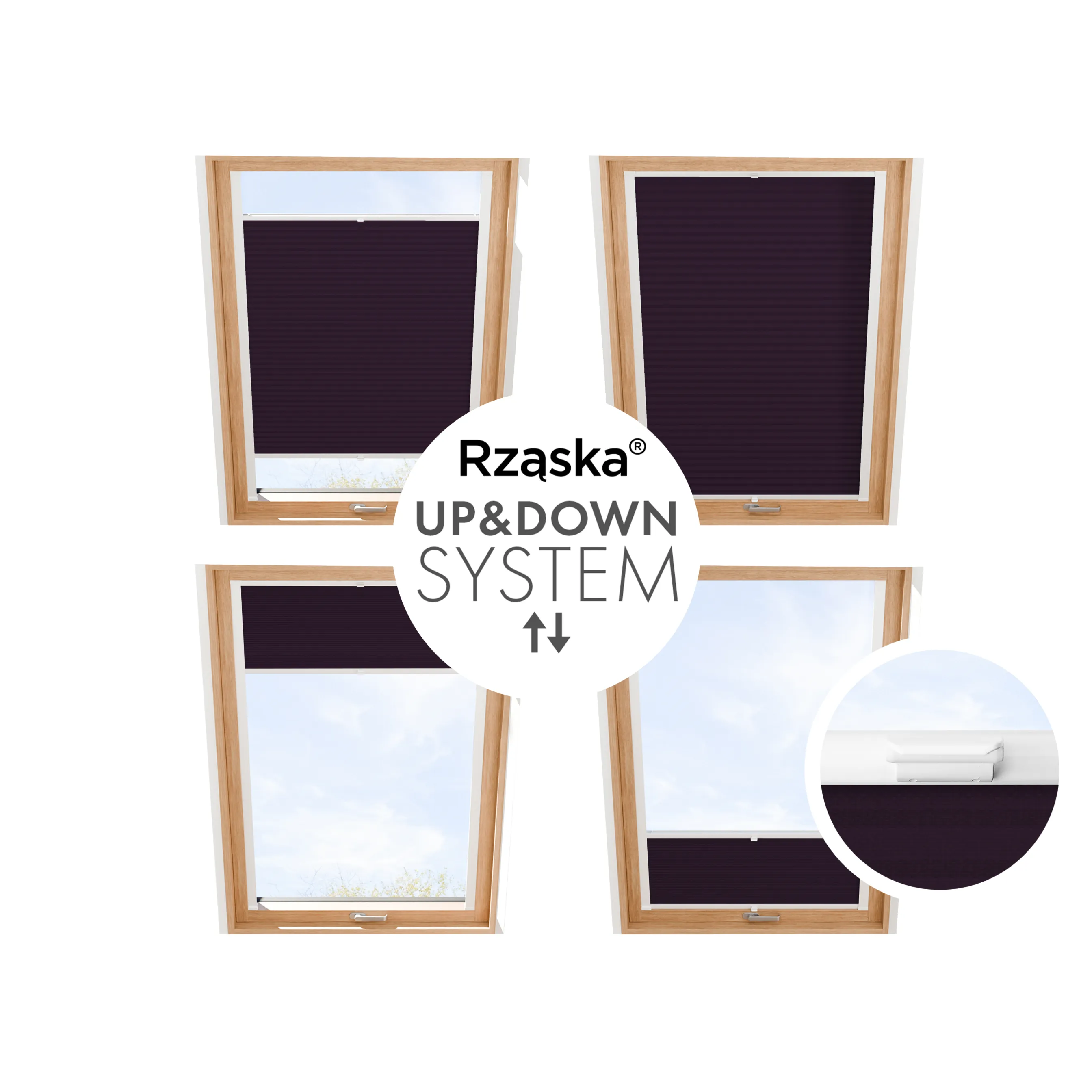 Roleta plisowana dachowa Rząska® na wymiar, uchwyty Risinfix do przykręcania, kolekcja Premium w kolorze Muza północy, fioletowym z profilem białym.