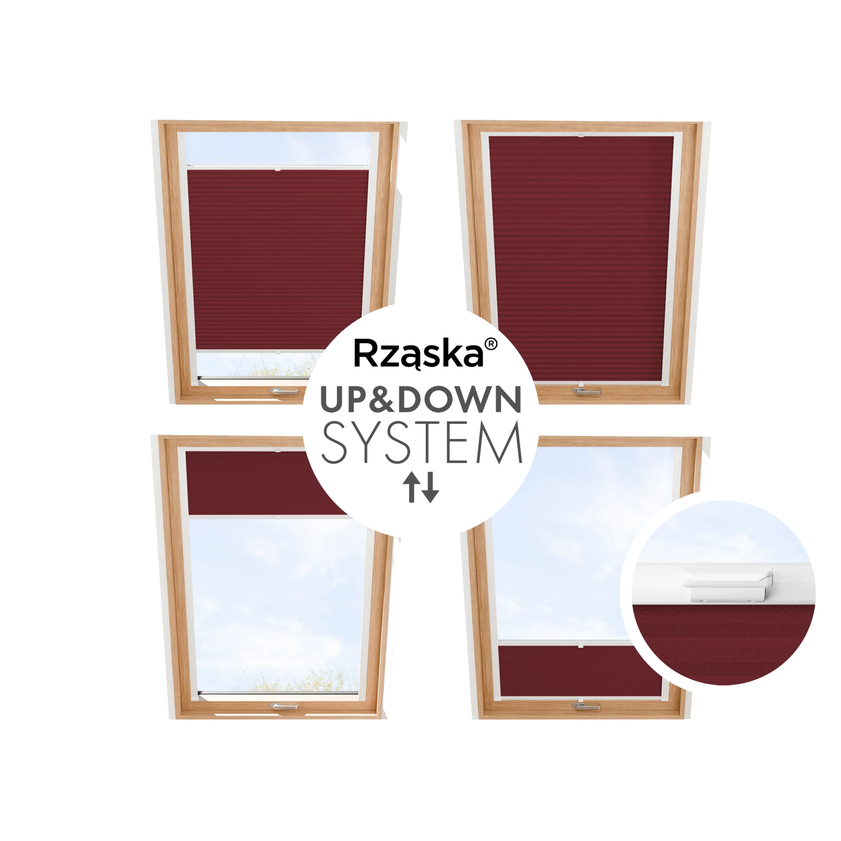 Roleta plisowana dachowa Rząska® na wymiar, uchwyty Risinfix do przykręcania, kolekcja Premium w kolorze Rubinowa Zagadka, ciemnoczerwonym z profilem białym.