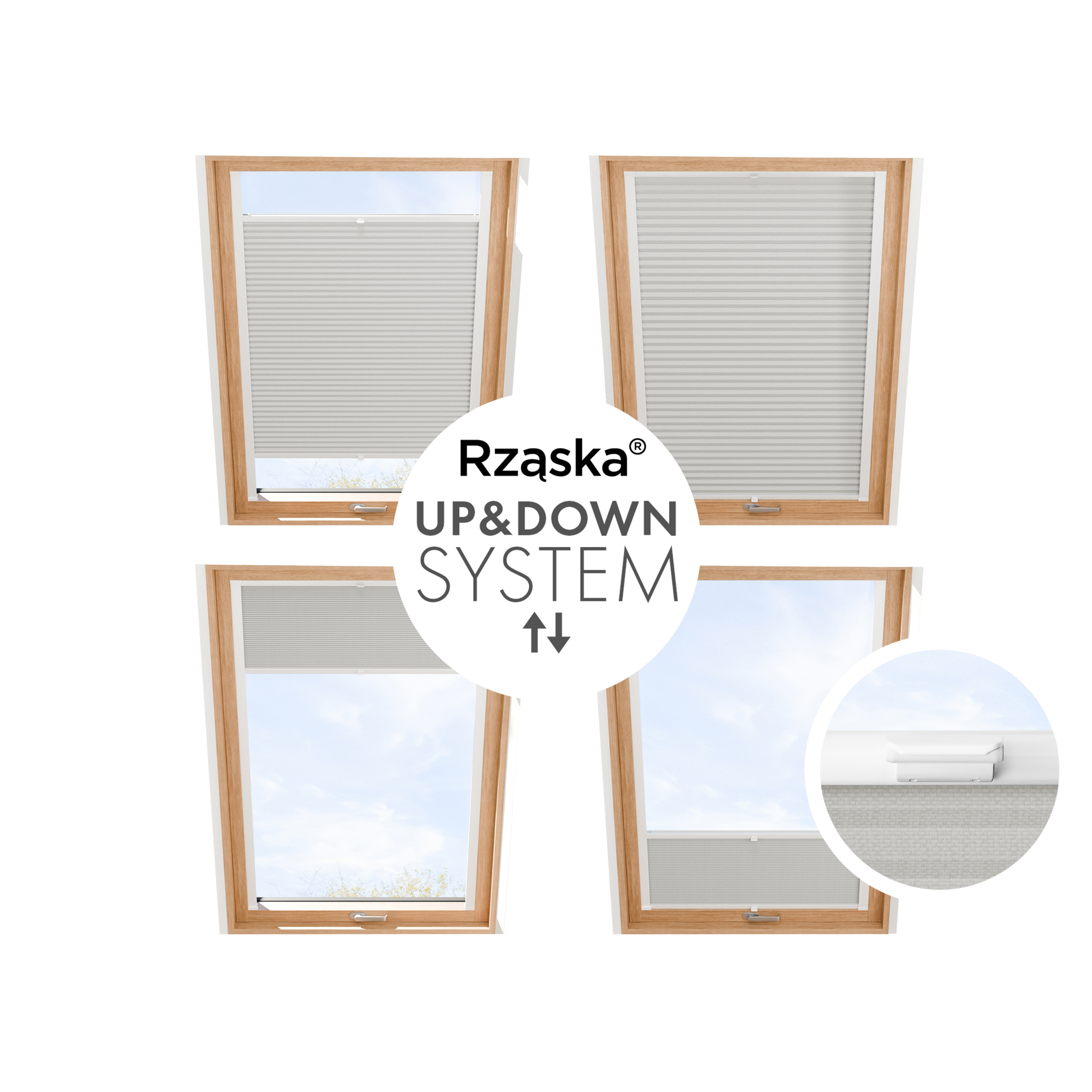 Roleta plisowana Rząska® na okno dachowe na wymiar, uchwyty Risinfix do przykręcania, kolekcja Thermo w kolorze Wiosenna chmura, szarym z profilem białym.