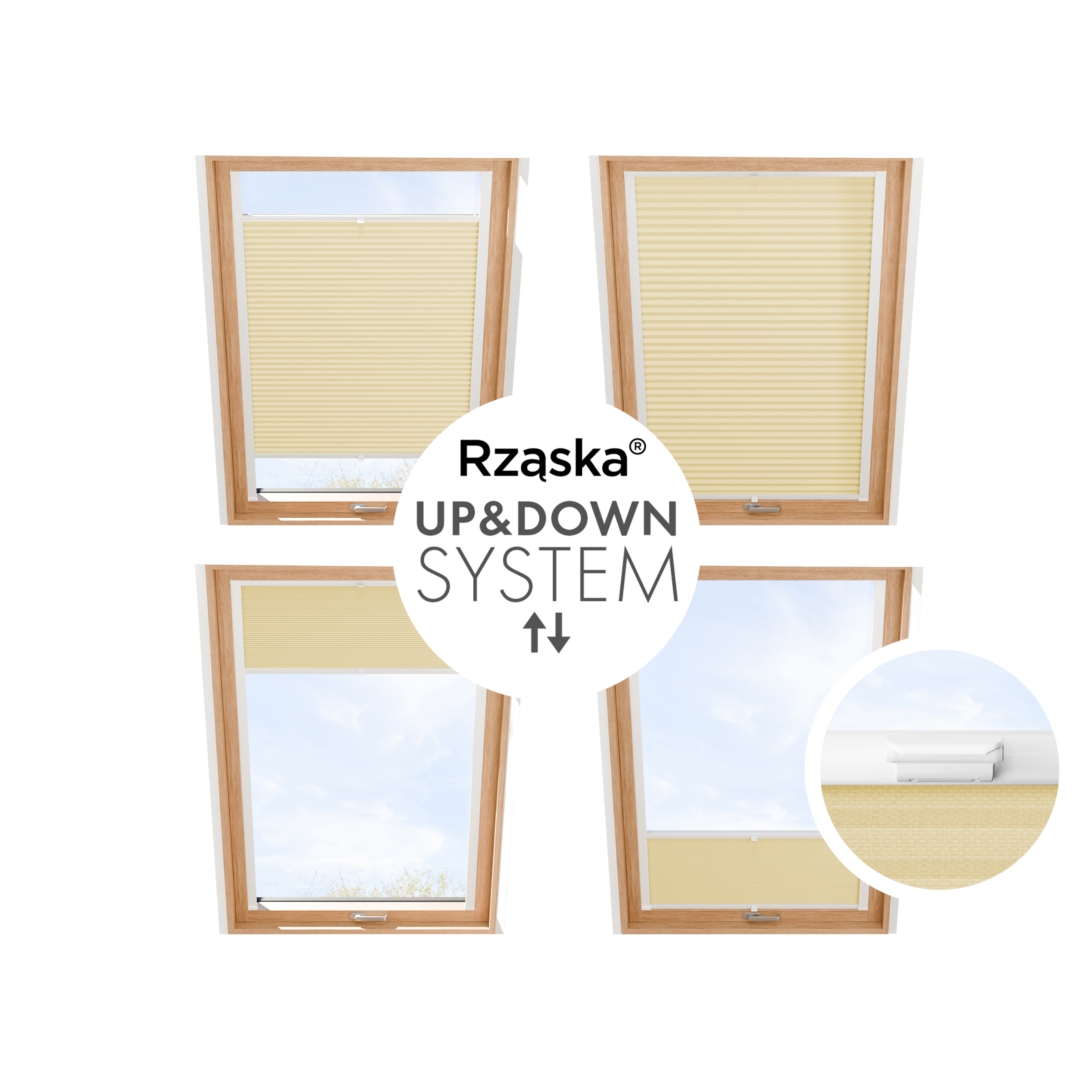 Roleta plisowana Rząska® na okno dachowe na wymiar, uchwyty Risinfix do przykręcania, kolekcja Thermo w kolorze Kawa z mlekiem, beżowym z profilem białym.