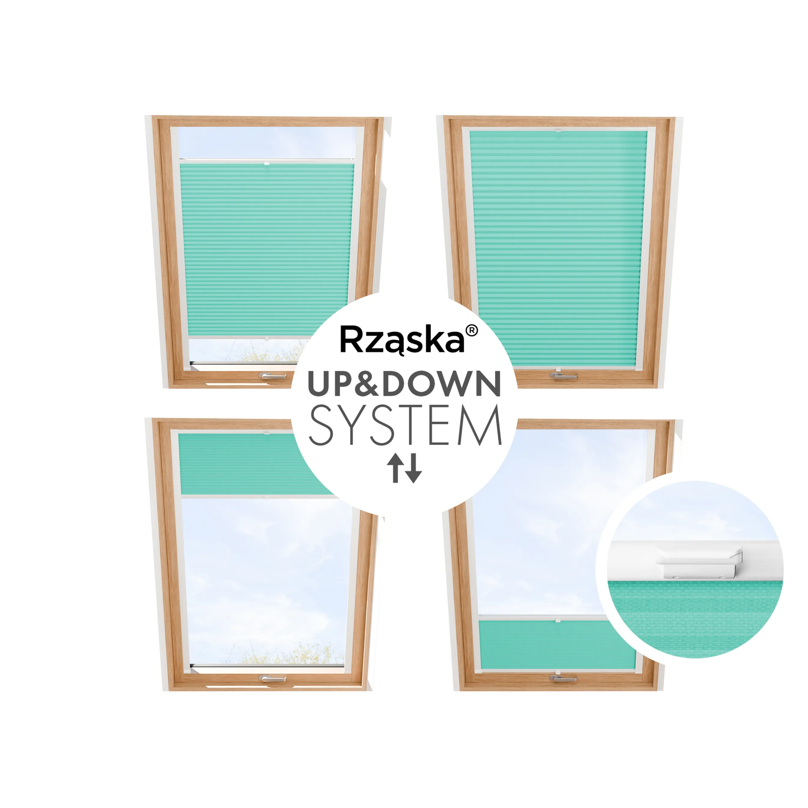 Roleta plisowana Rząska® na okno dachowe na wymiar, uchwyty Risinfix do przykręcania, kolekcja Thermo w kolorze Melodia przypływu, turkusowym z profilem białym.