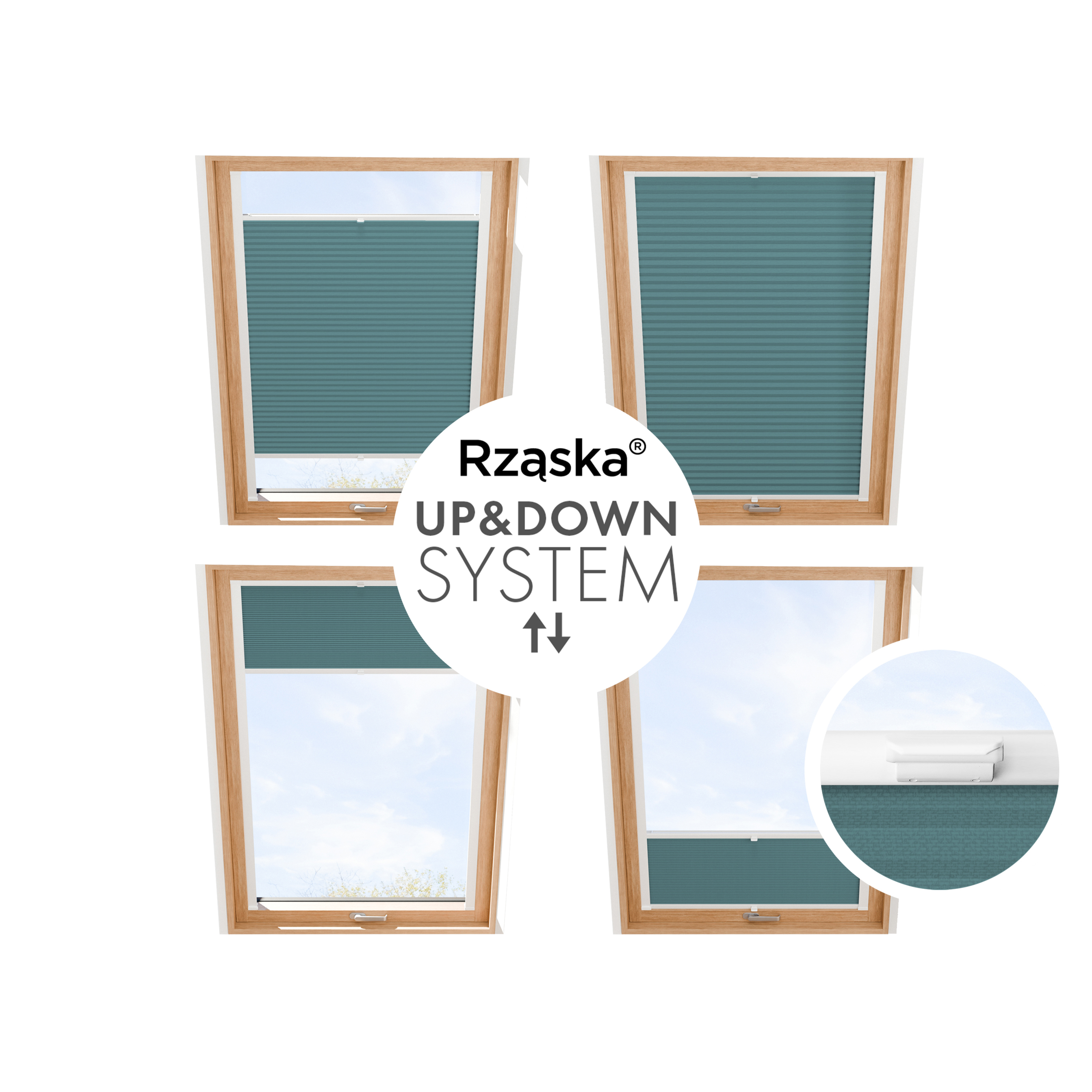 Roleta plisowana Rząska® na okno dachowe na wymiar, uchwyty Risinfix do przykręcania, kolekcja Thermo w kolorze Turkusowa aura, niebieskim z profilem białym.