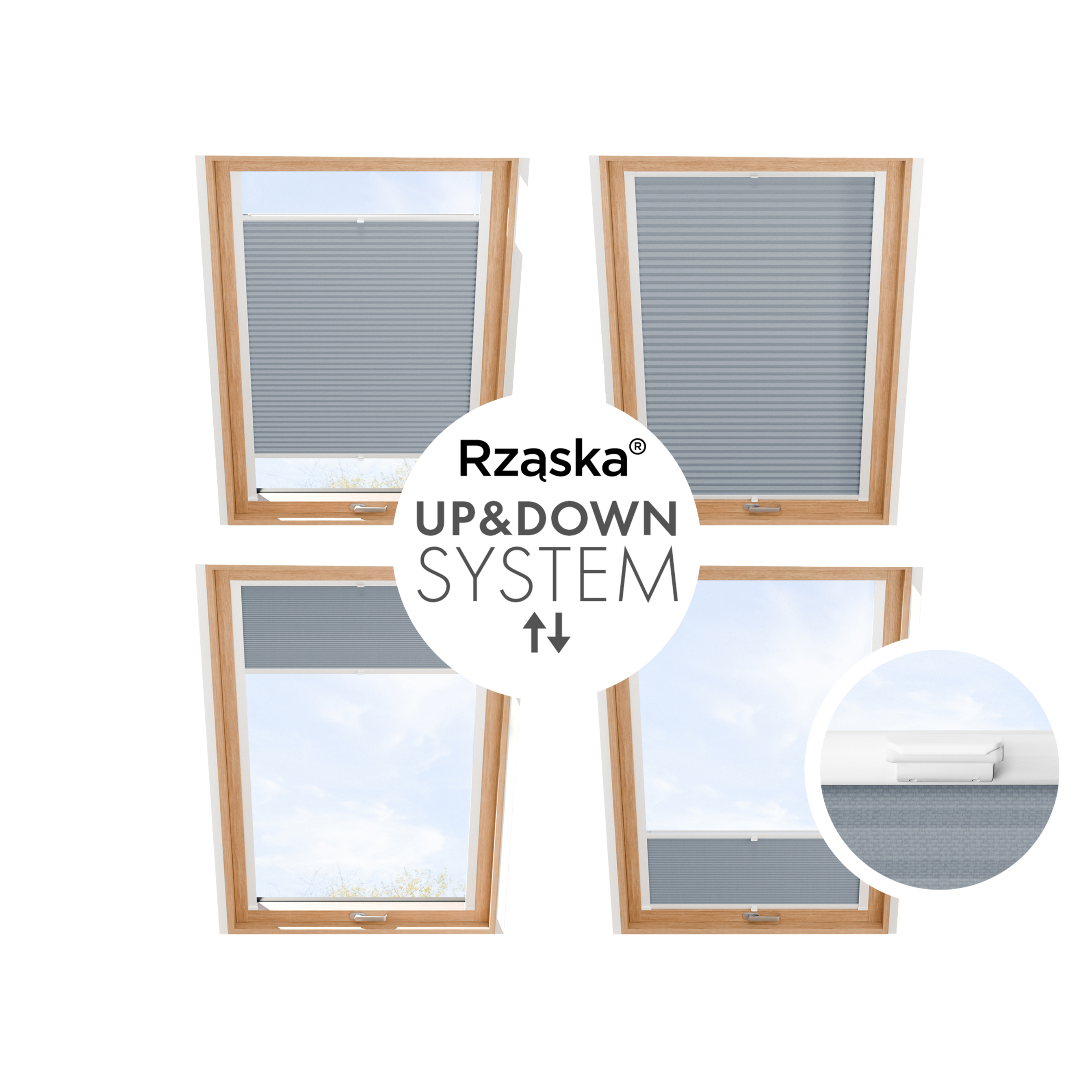 Roleta plisowana Rząska® na okno dachowe na wymiar, uchwyty Risinfix do przykręcania, kolekcja Thermo w kolorze Żelazna mgła, jasnoszarym z profilem brązowym.