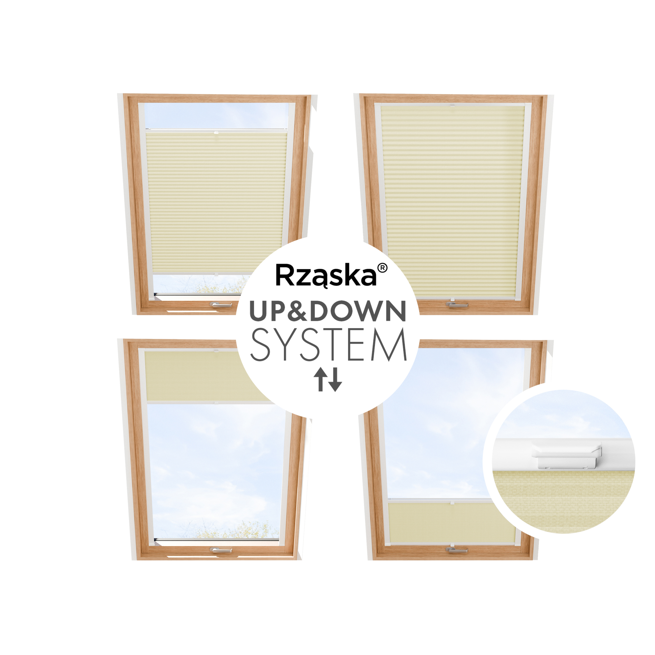 Roleta plisowana Rząska® na okno dachowe na wymiar, uchwyty Risinfix do przykręcania, kolekcja Thermo w kolorze Piaskowiec, beżowym z profilem białym.