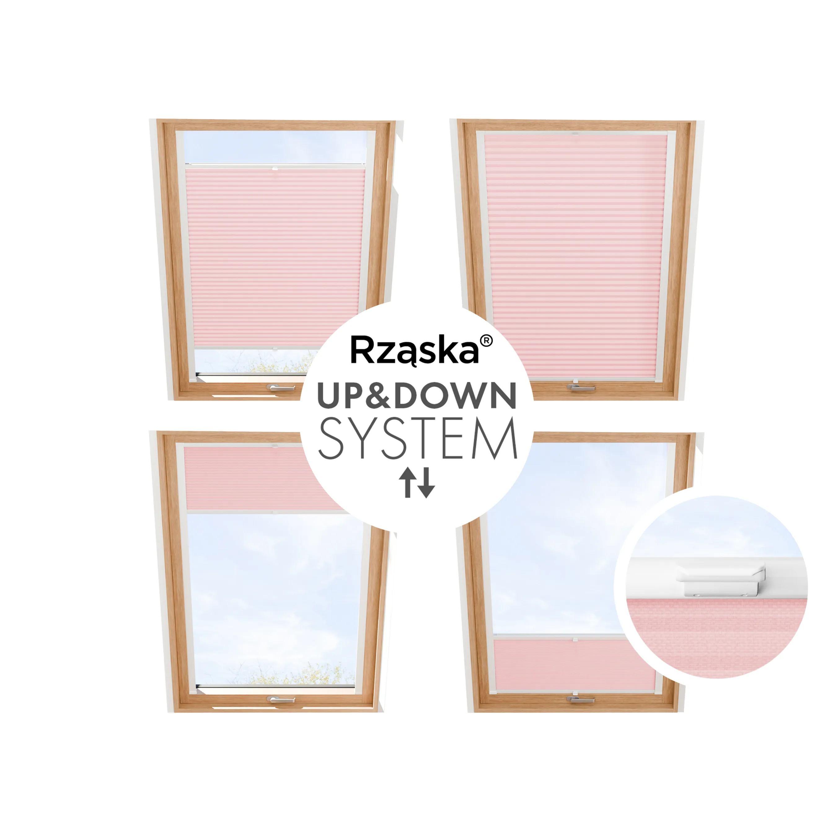 Roleta plisowana Rząska® na okno dachowe na wymiar, uchwyty Risinfix do przykręcania, kolekcja Thermo w kolorze Woda różana, różowym z profilem białym.