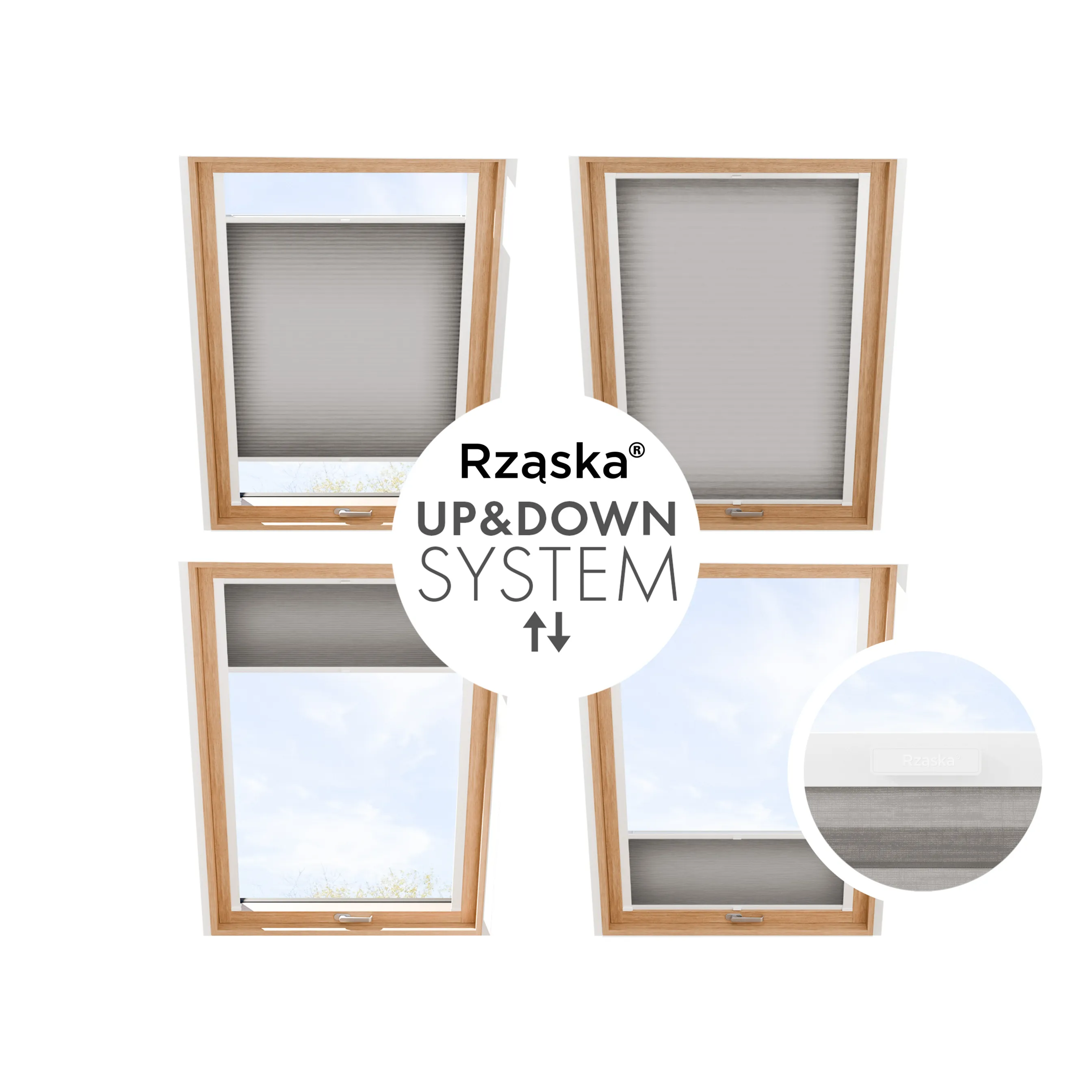 Rząska® dachowa roleta plisowana na wymiar • Thermo Honeycomb (Plaster Miodu): kolor tkaniny Makowy Pył, ciemnoszary • kolor profili biały