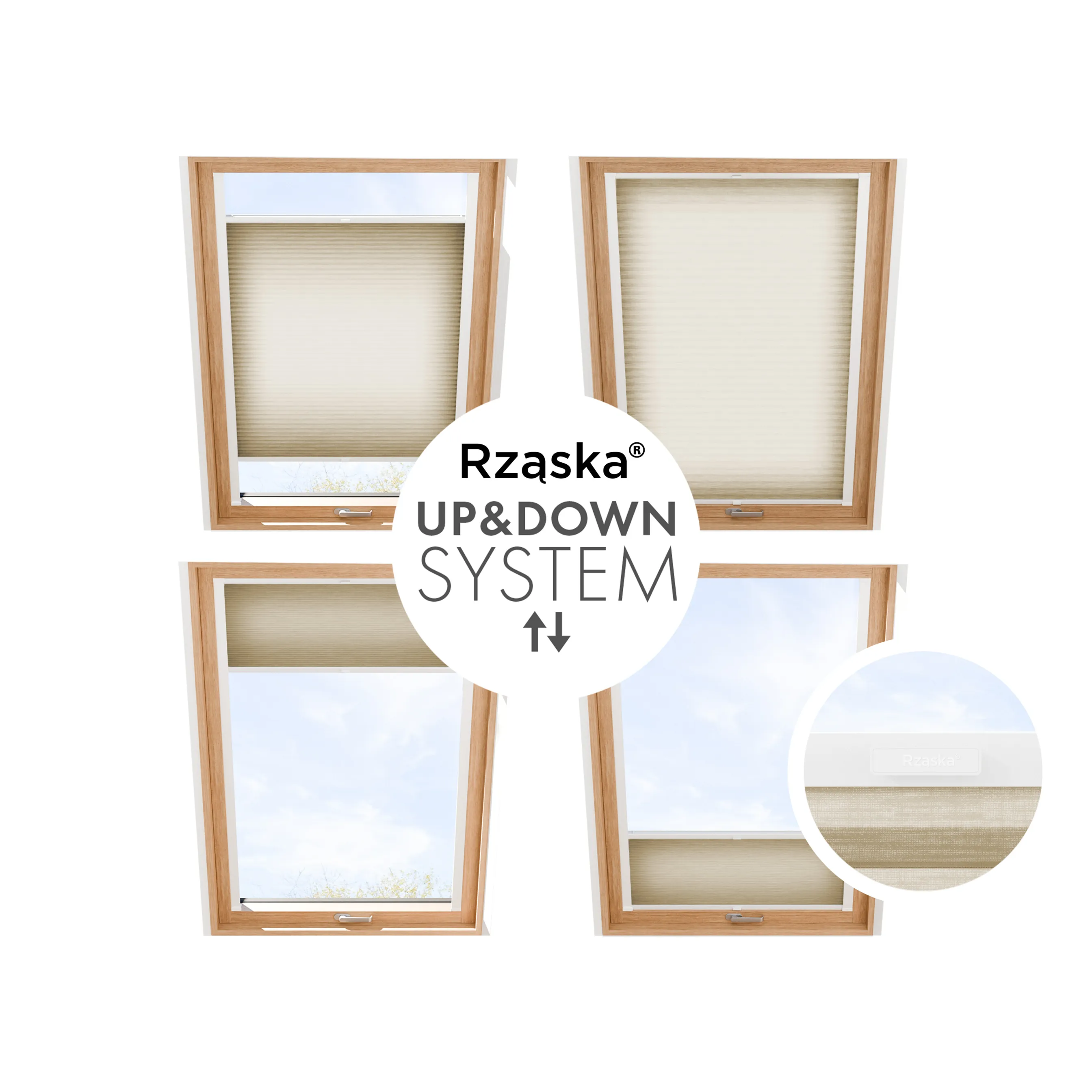 Rząska® dachowa roleta plisowana na wymiar • Thermo Honeycomb (Plaster Miodu): kolor tkaniny Rzymska kawa, piaskowy • kolor profili biały