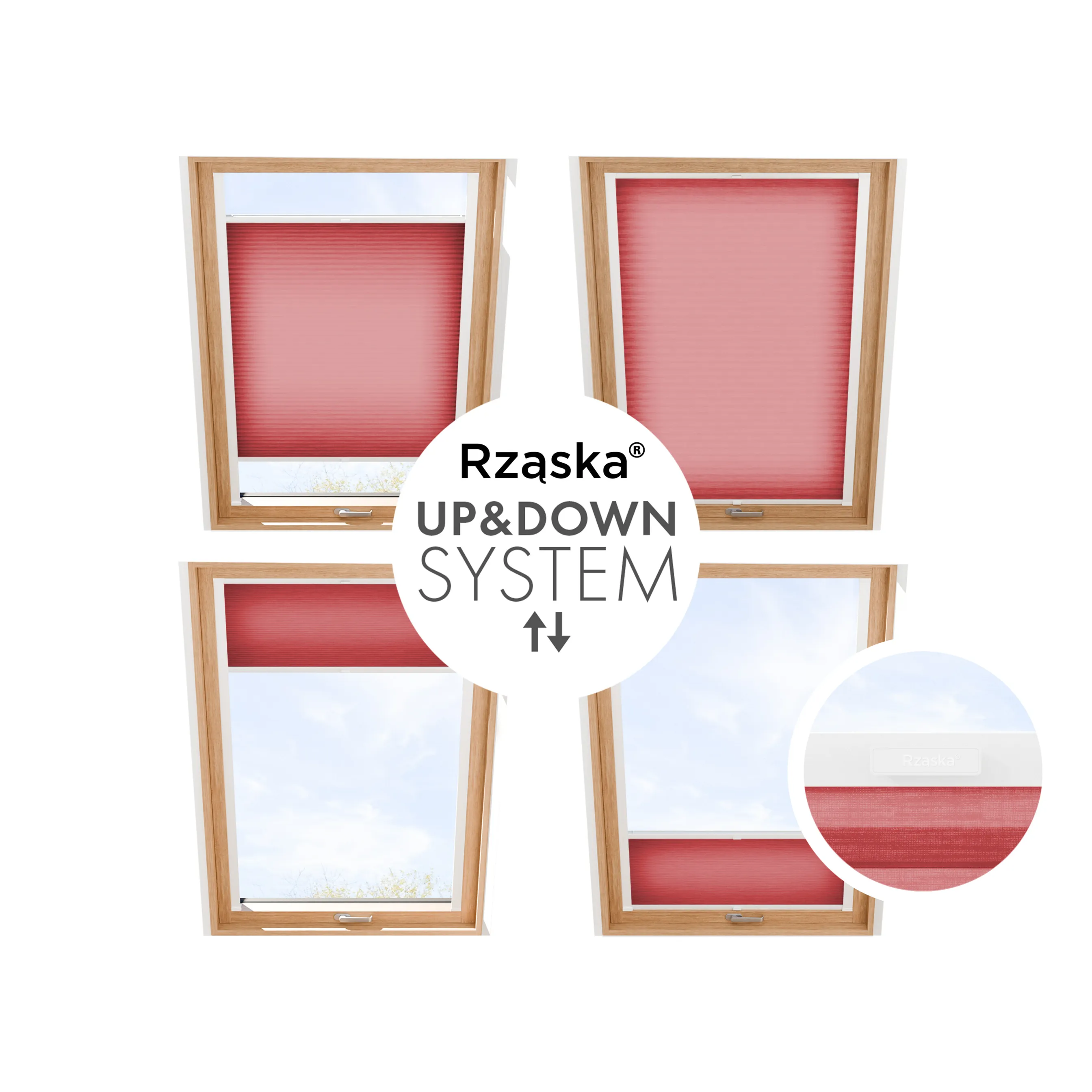 Rząska® dachowa roleta plisowana na wymiar • Thermo Honeycomb (Plaster Miodu): kolor tkaniny Soczysta Wiśnia, czerwony • kolor profili biały