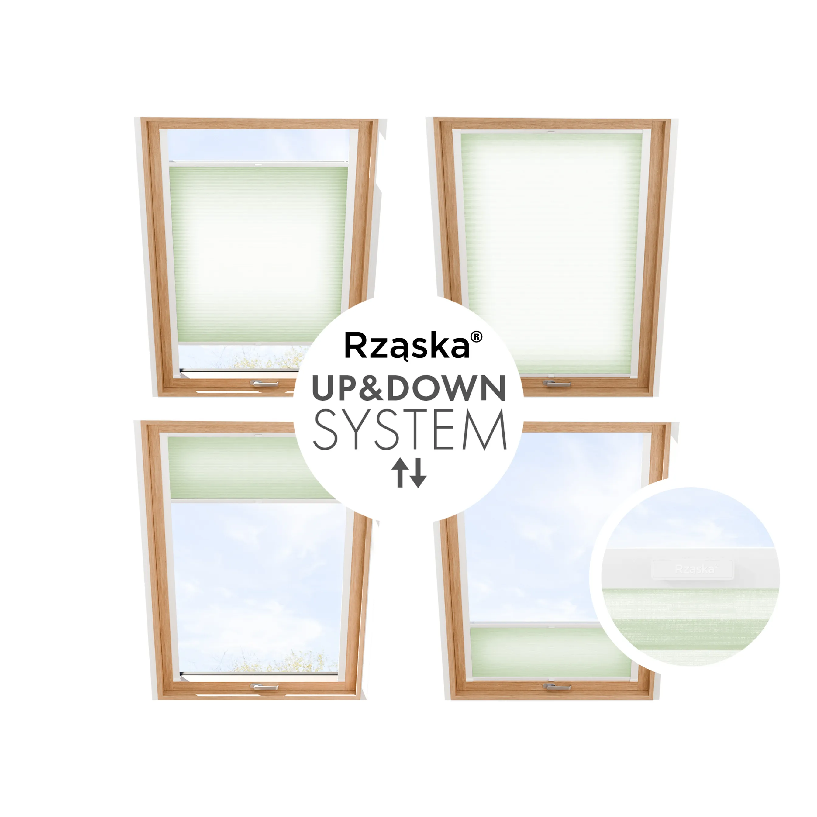 Rząska® dachowa roleta plisowana na wymiar • Thermo Honeycomb (Plaster Miodu): kolor tkaniny Matcha Latte, pastelowa zieleń • kolor profili biały