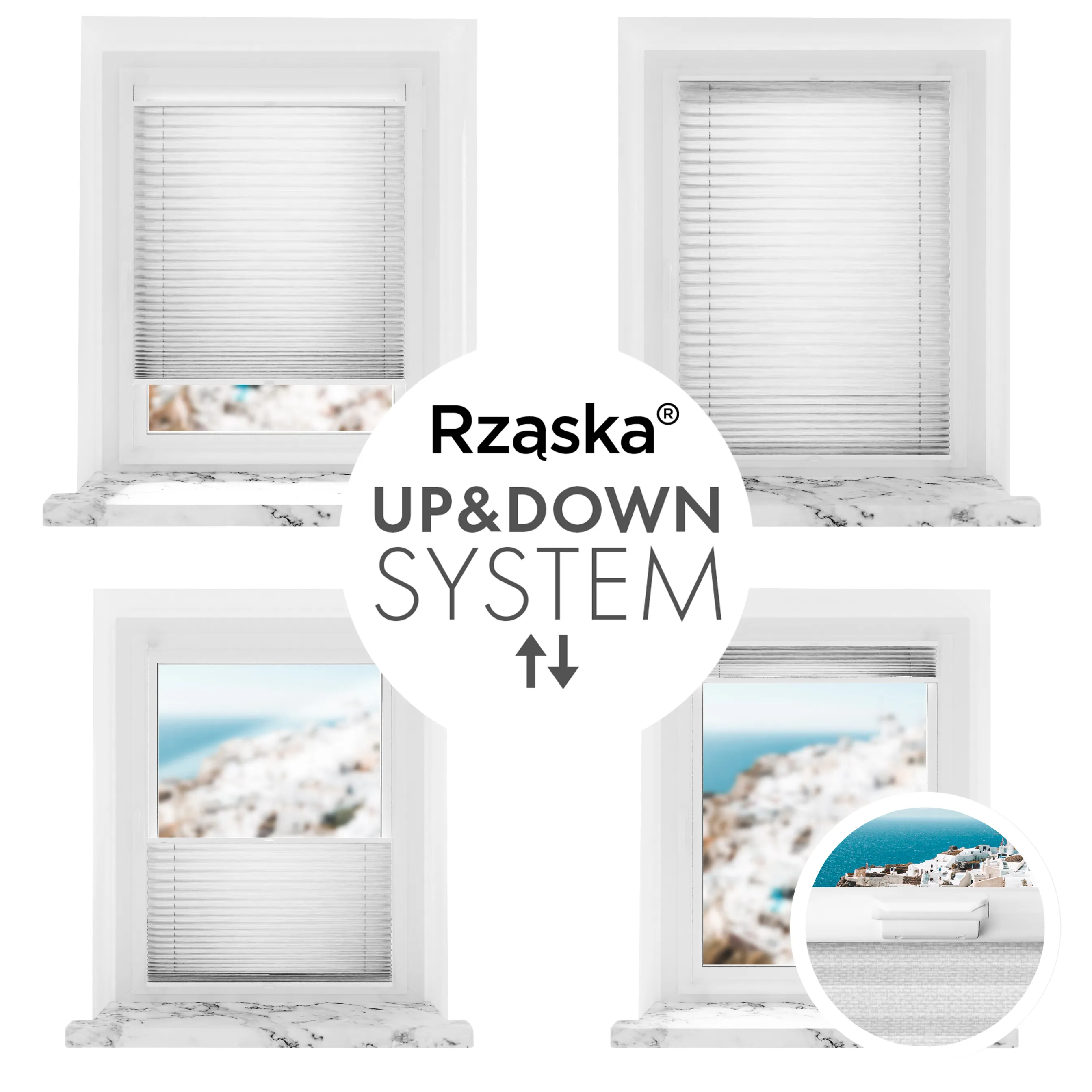 Bezinwazyjne plisy na okno Rząska® pod na wymiar, uchwyty Risinfix Incognito X do zaciskania, kolekcja Dolomite w kolorze Szary sztorm, szarym z profilem dębowym.