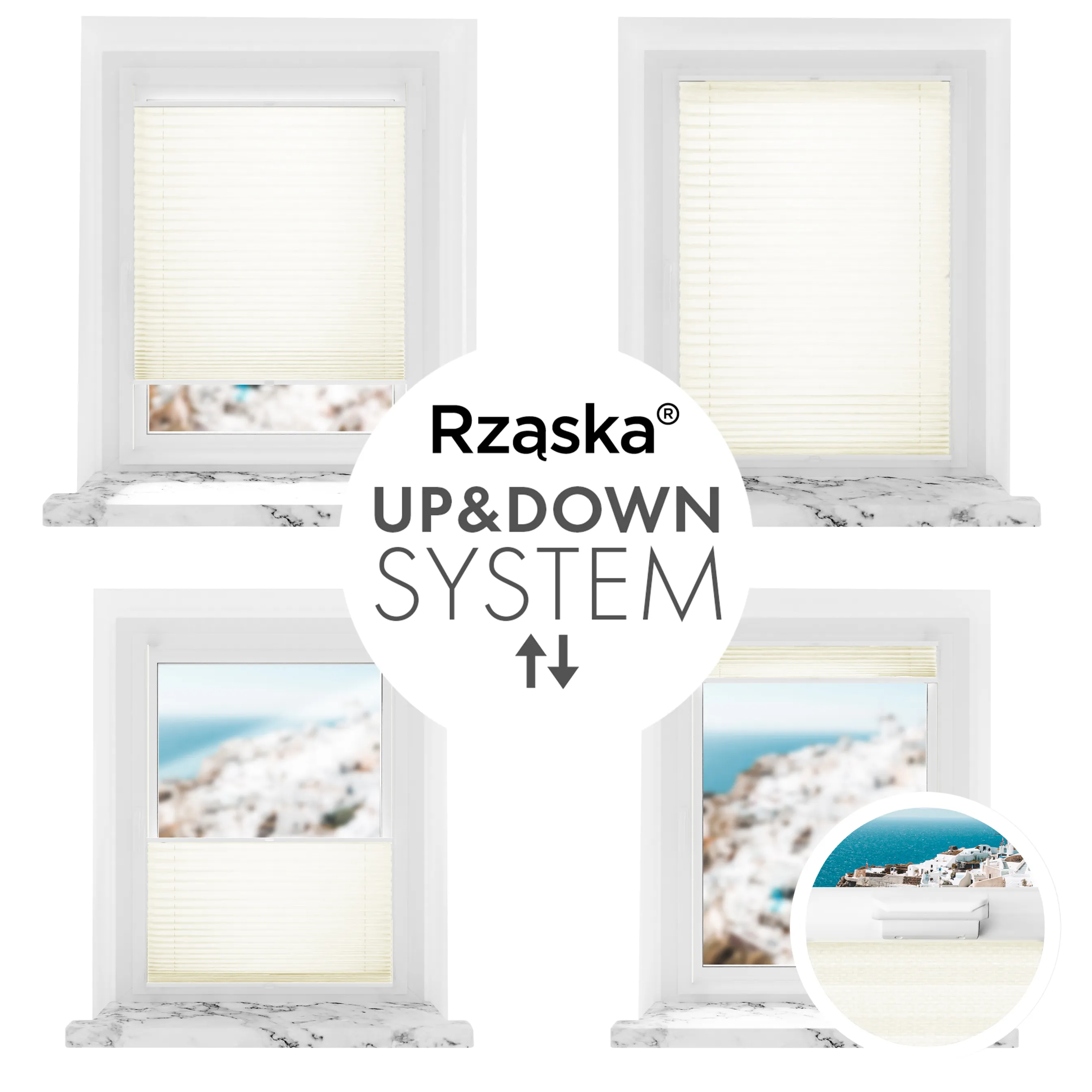 Bezinwazyjne plisy na okno Rząska® pod na wymiar, uchwyty Risinfix Incognito X do zaciskania, kolekcja Dolomite w kolorze Waniliowe niebo, beżowym z profilem brązowym.