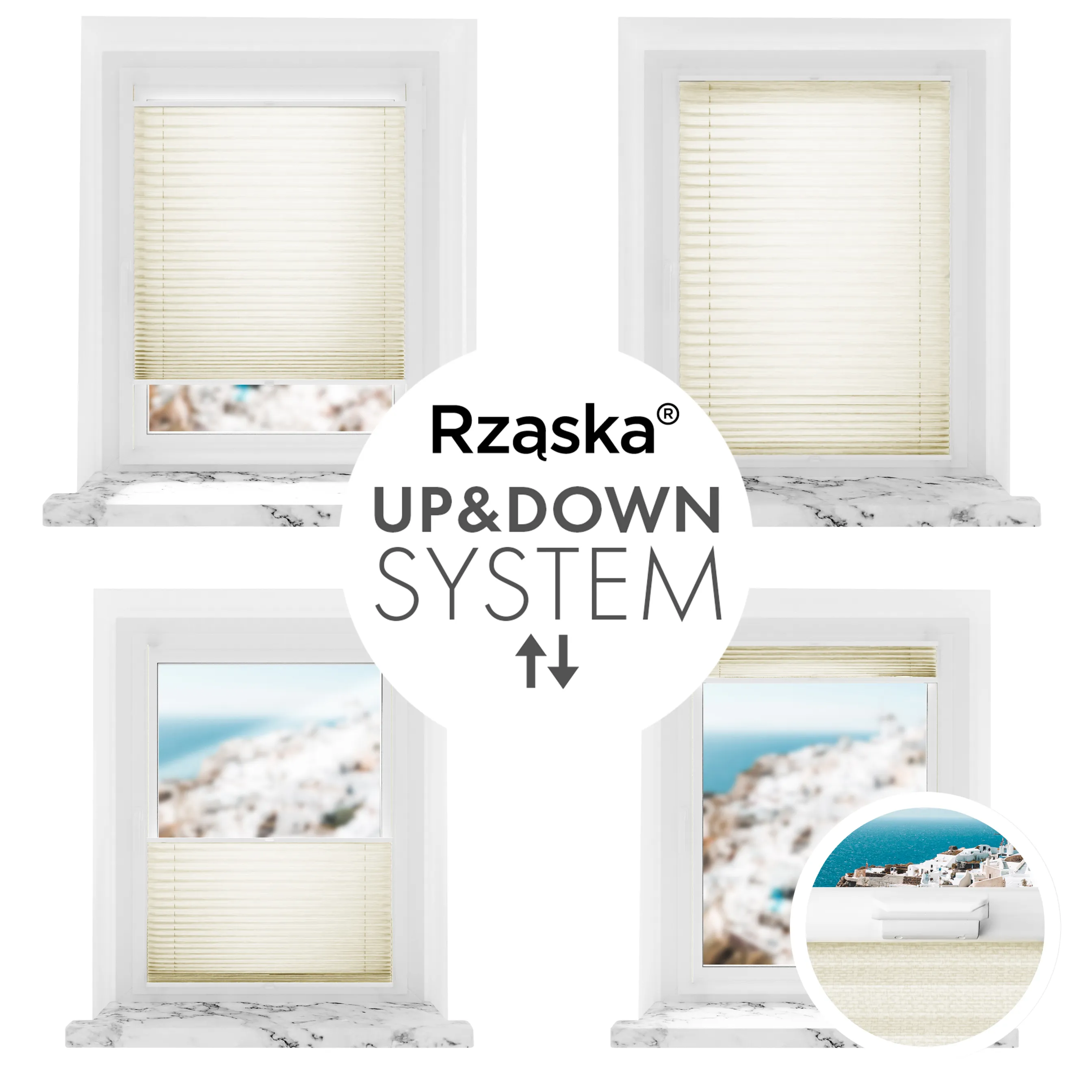 Inwazyjne rolety plisowane Rząska® na wymiar, uchwyty Risinfix do przykręcania, kolekcja Dolomite w kolorze Mokry piasek, beżowym z profilem antracytowym.