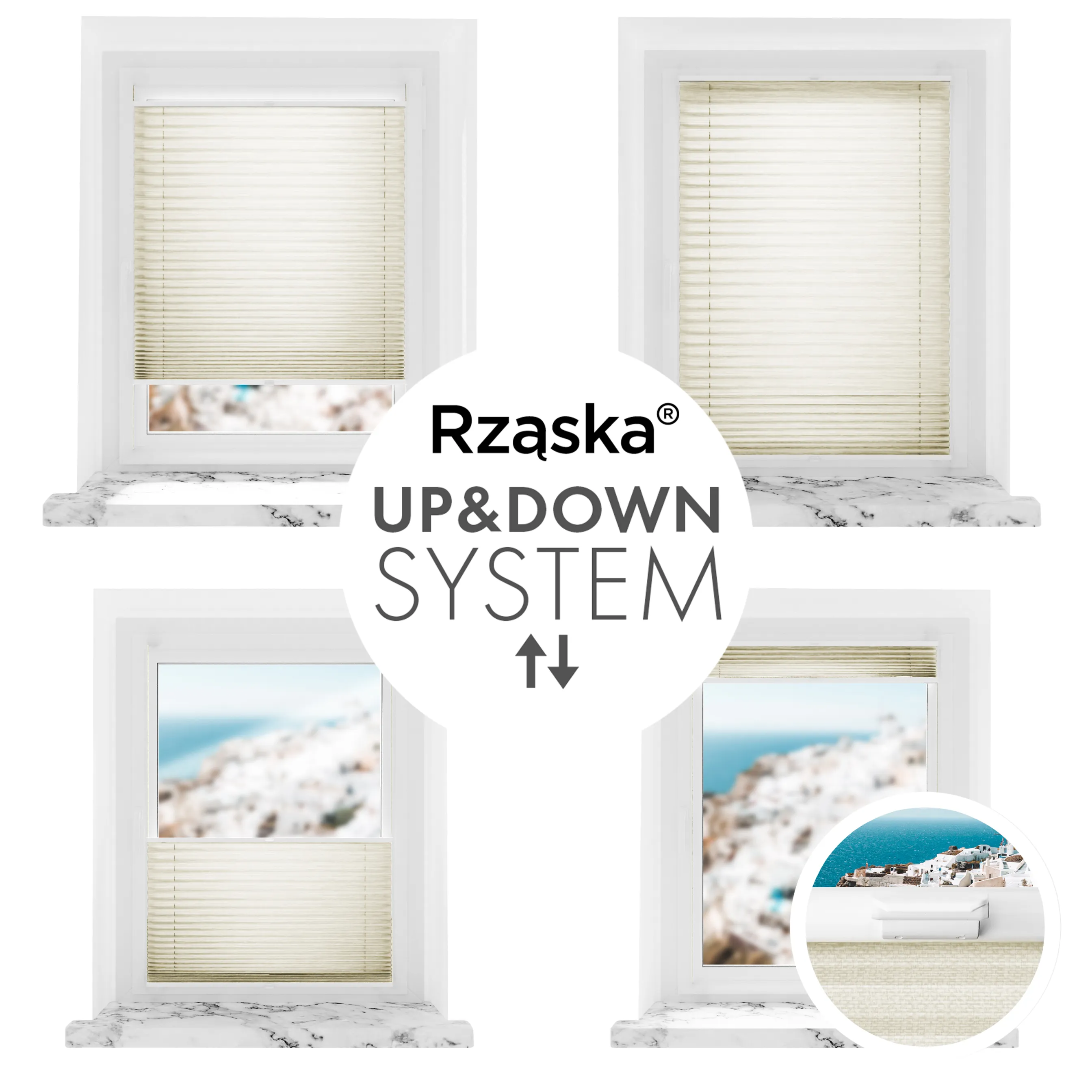 Bezinwazyjne plisy na okno Rząska® pod na wymiar, uchwyty Risinfix Incognito X do zaciskania, kolekcja Dolomite w kolorze Lekka kawa, beżowym z profilem białym.