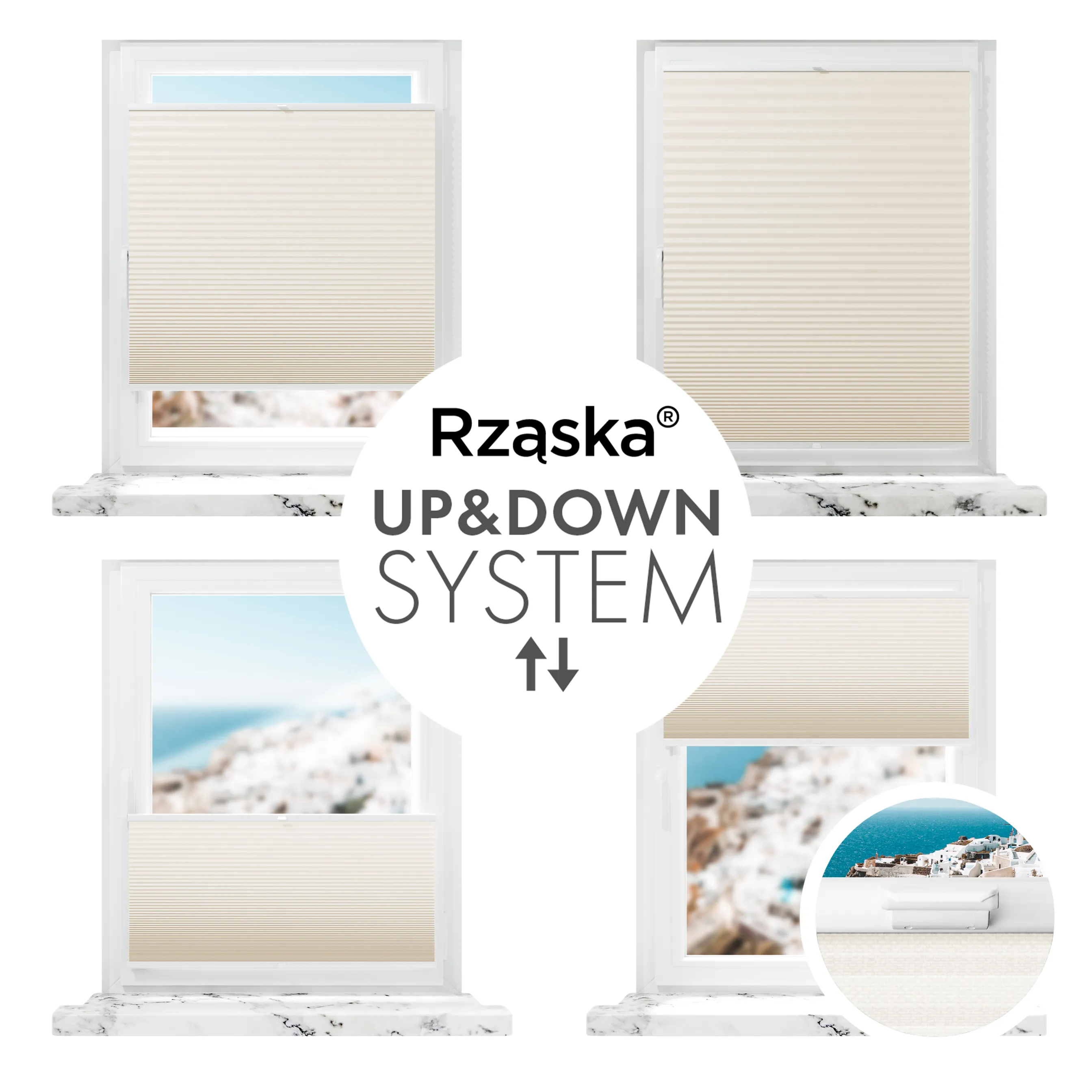 Bezinwazyjne plisy okienne Rząska® na wymiar o strukturze plastra miodu kolekcja Honeycomb w kolorze Spokojne wybrzeże, beżowym z profilem białym.