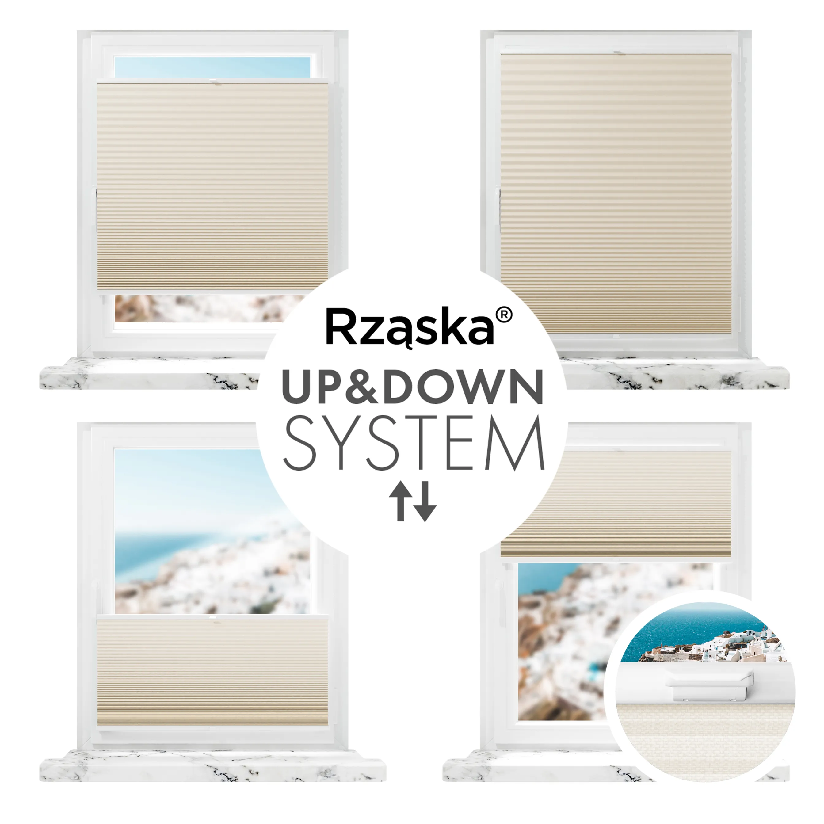 Inwazyjne plisy, rolety termoizolacyjne Rząska® na wymiar o strukturze plastra miodu kolekcja Honeycomb w kolorze Wydma, beżowym z profilem białym.