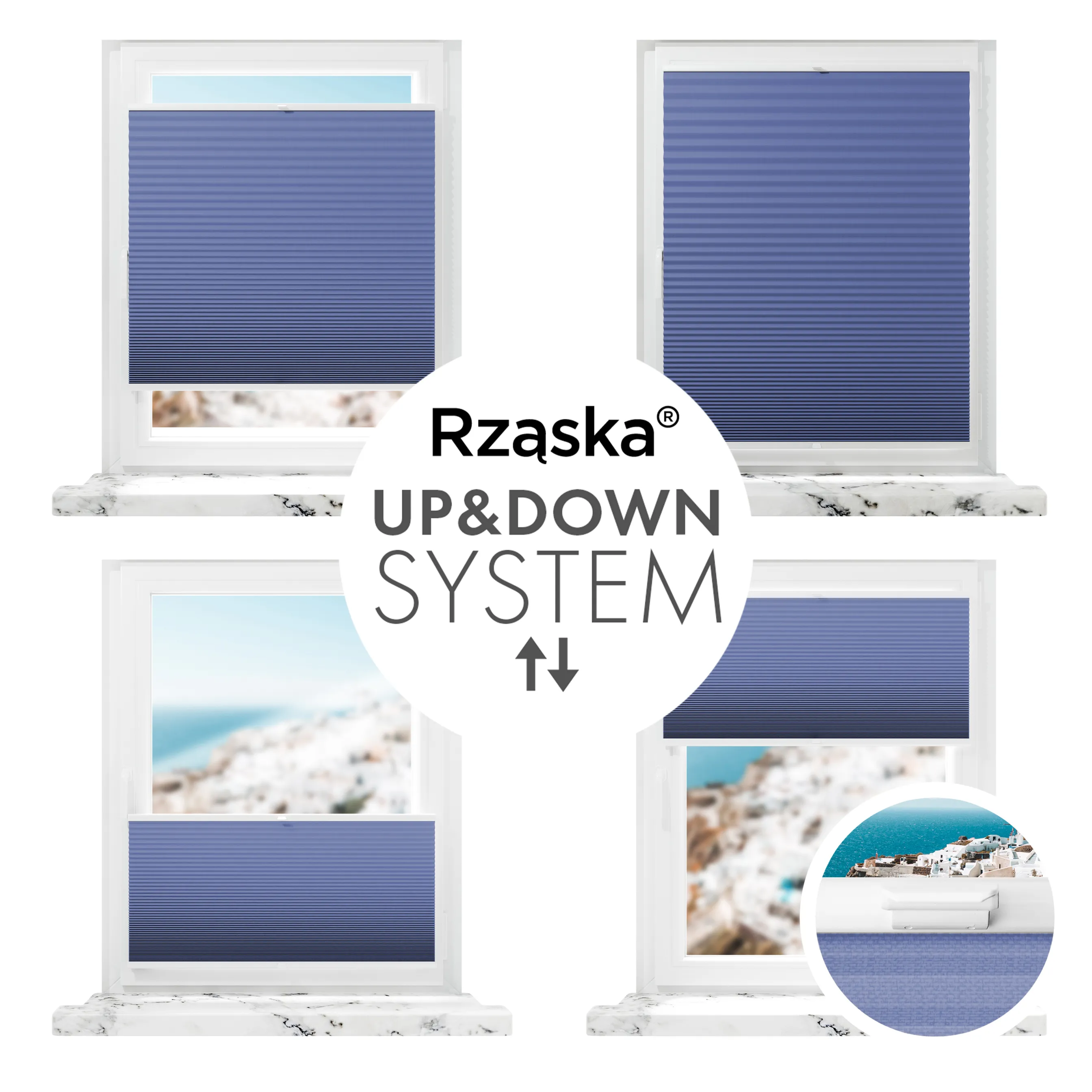 Inwazyjne plisy, rolety termoizolacyjne Rząska® na wymiar o strukturze plastra miodu kolekcja Honeycomb w kolorze Linia horyzontu, niebieskim z profilem białym.