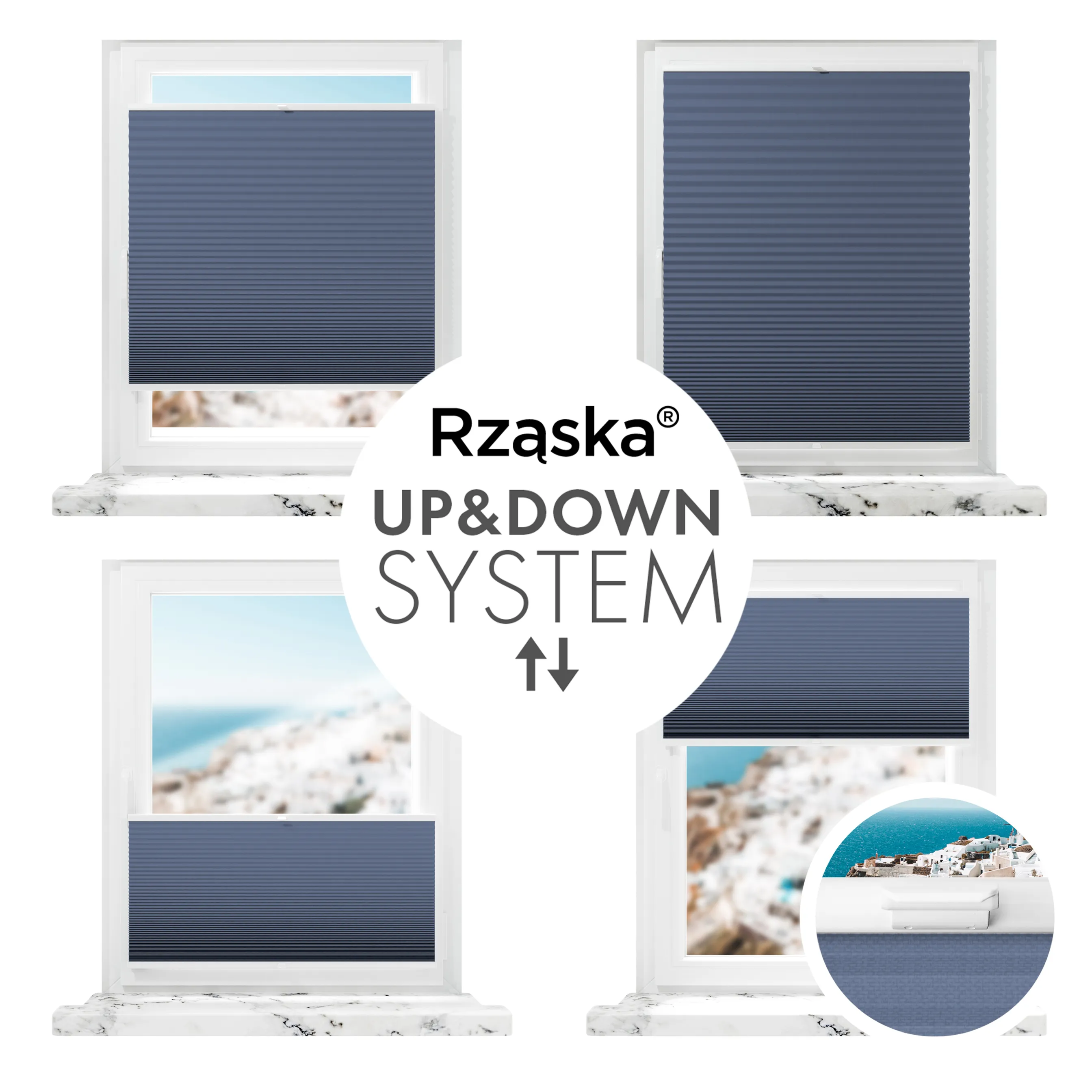 Bezinwazyjne plisy Blackout Rząska® na wymiar o strukturze plastra miodu kolekcja Honeycomb w kolorze Arktyczny ocean, ciemnoniebieskim z profilem białym.