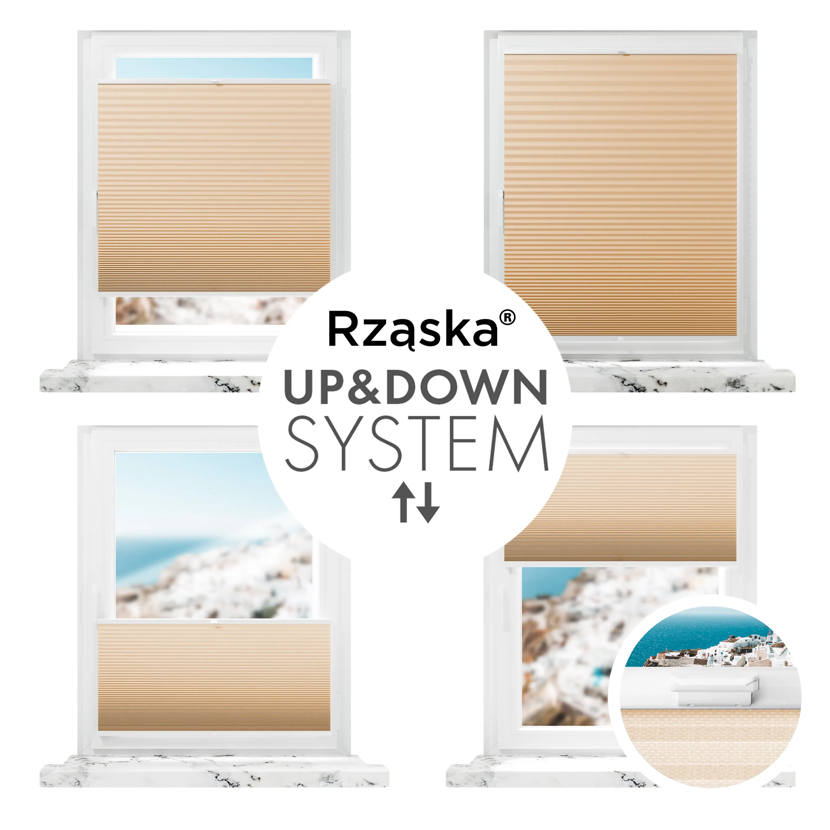 Inwazyjne plisy zaciemniające Rząska® na wymiar o strukturze plastra miodu kolekcja Honeycomb w kolorze Pustynne Światło, piaskowym z profilem białym.