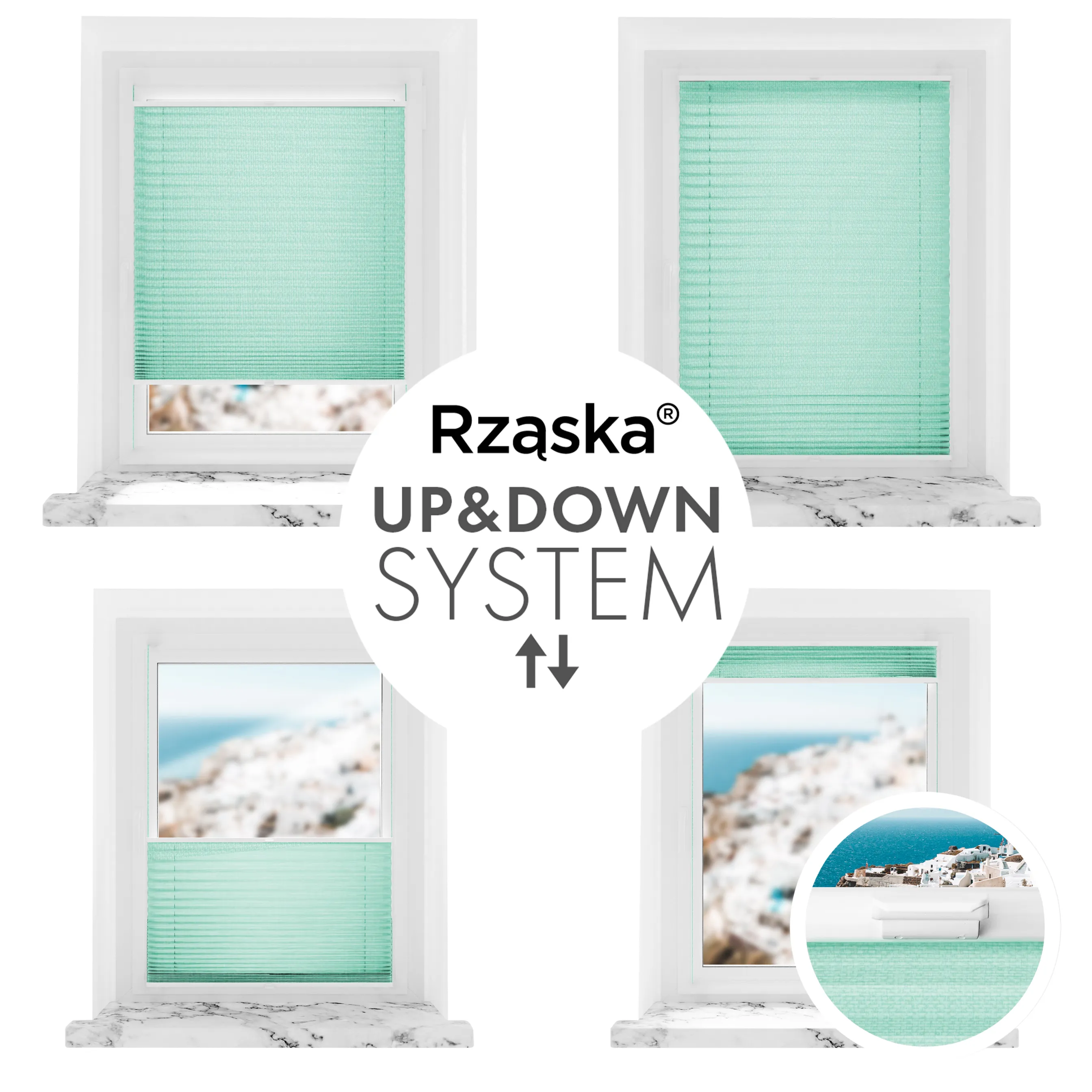 Bezinwazyjne rolety plisowane Rząska® na wymiar, uchwyty Risinfix do klejenia, kolekcja Melange w kolorze Miętowe lody, zielonym z profilem białym.