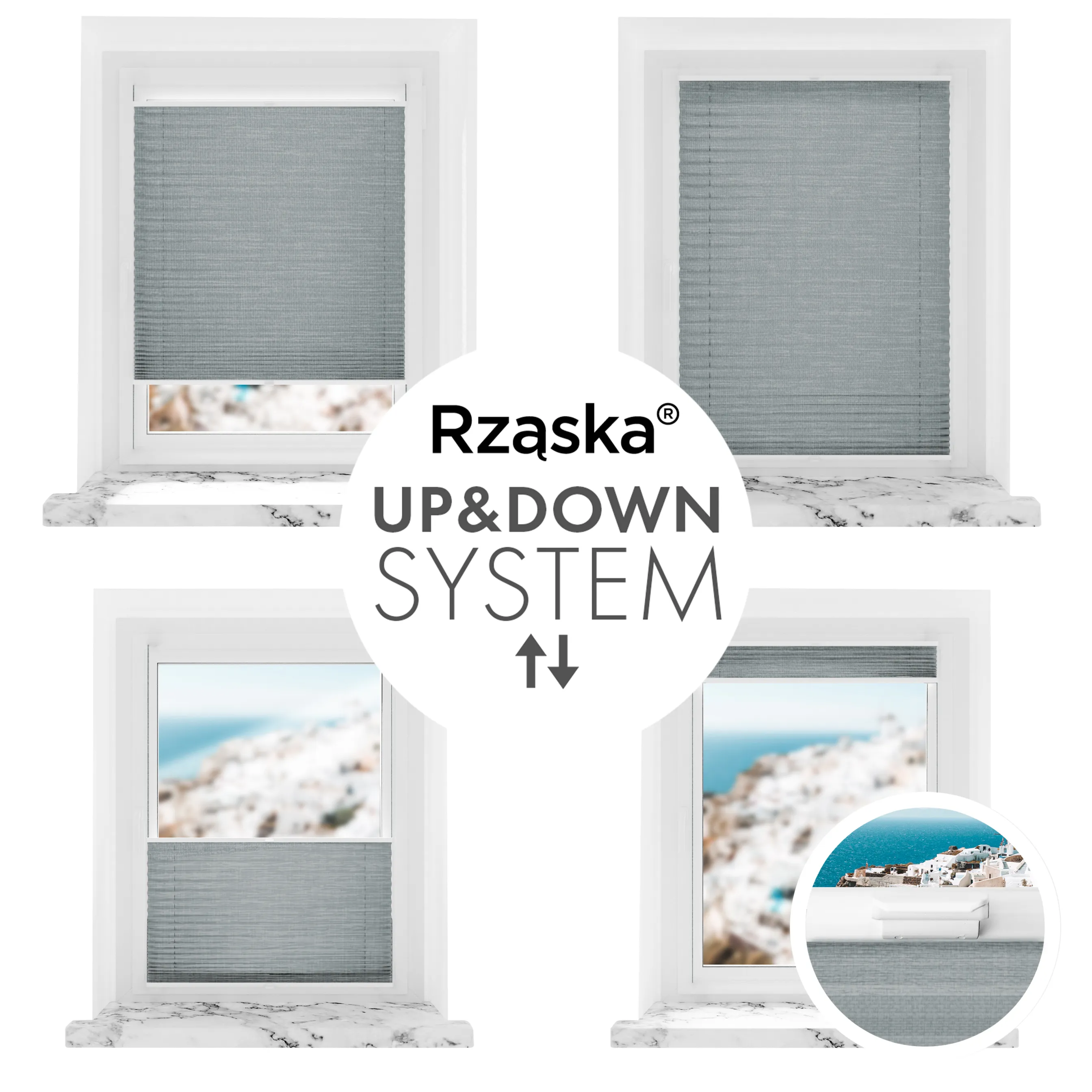 Inwazyjne rolety na okna Rząska® pod wymiar, uchwyty Risinfix do przykręcania, kolekcja Melange w kolorze Góry skaliste, szarym z profilem białym.