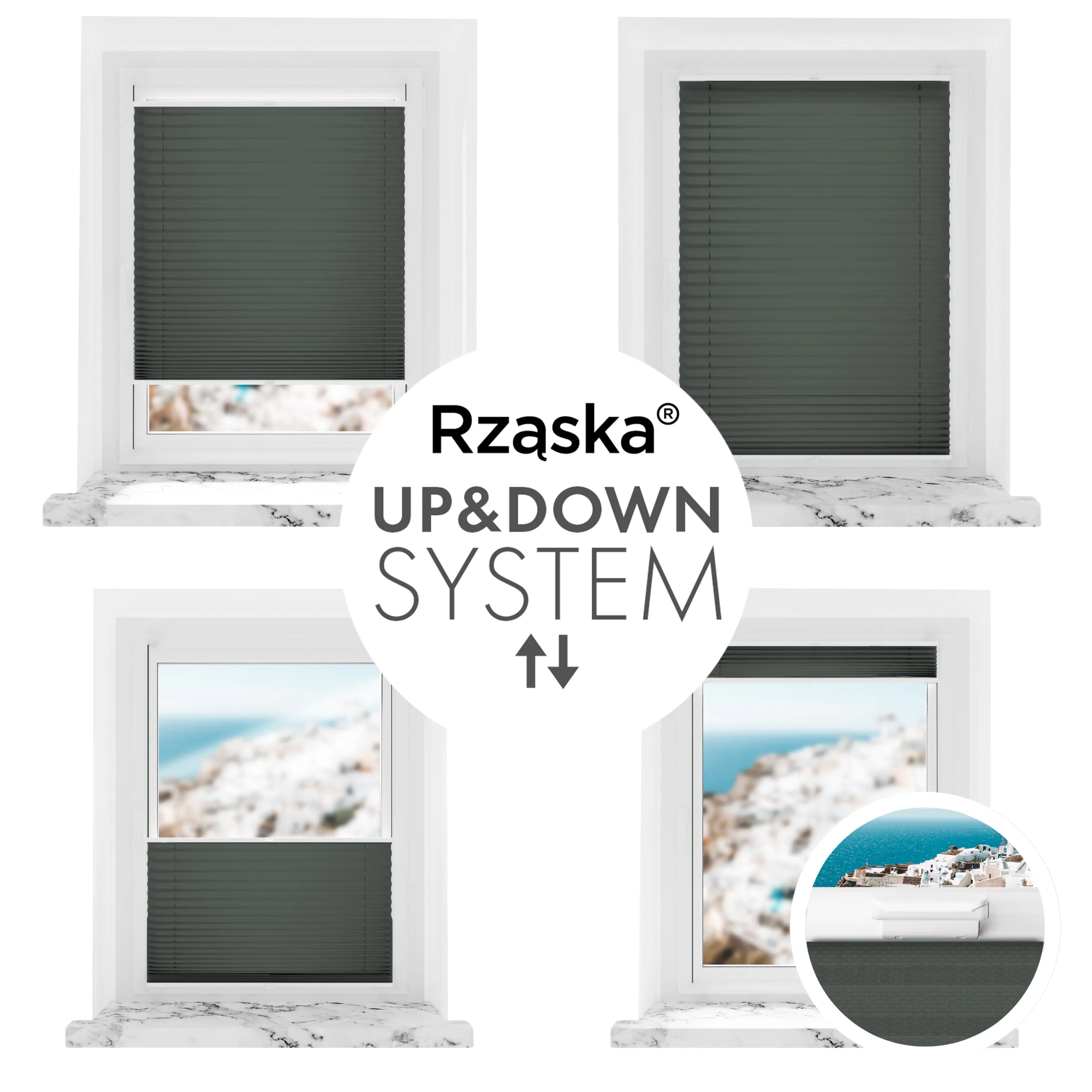 Inwazyjne rolety na okna Rząska® pod wymiar, uchwyty Risinfix do przykręcania, kolekcja Premium w kolorze Góry skalne, grafitowym z profilem białym.