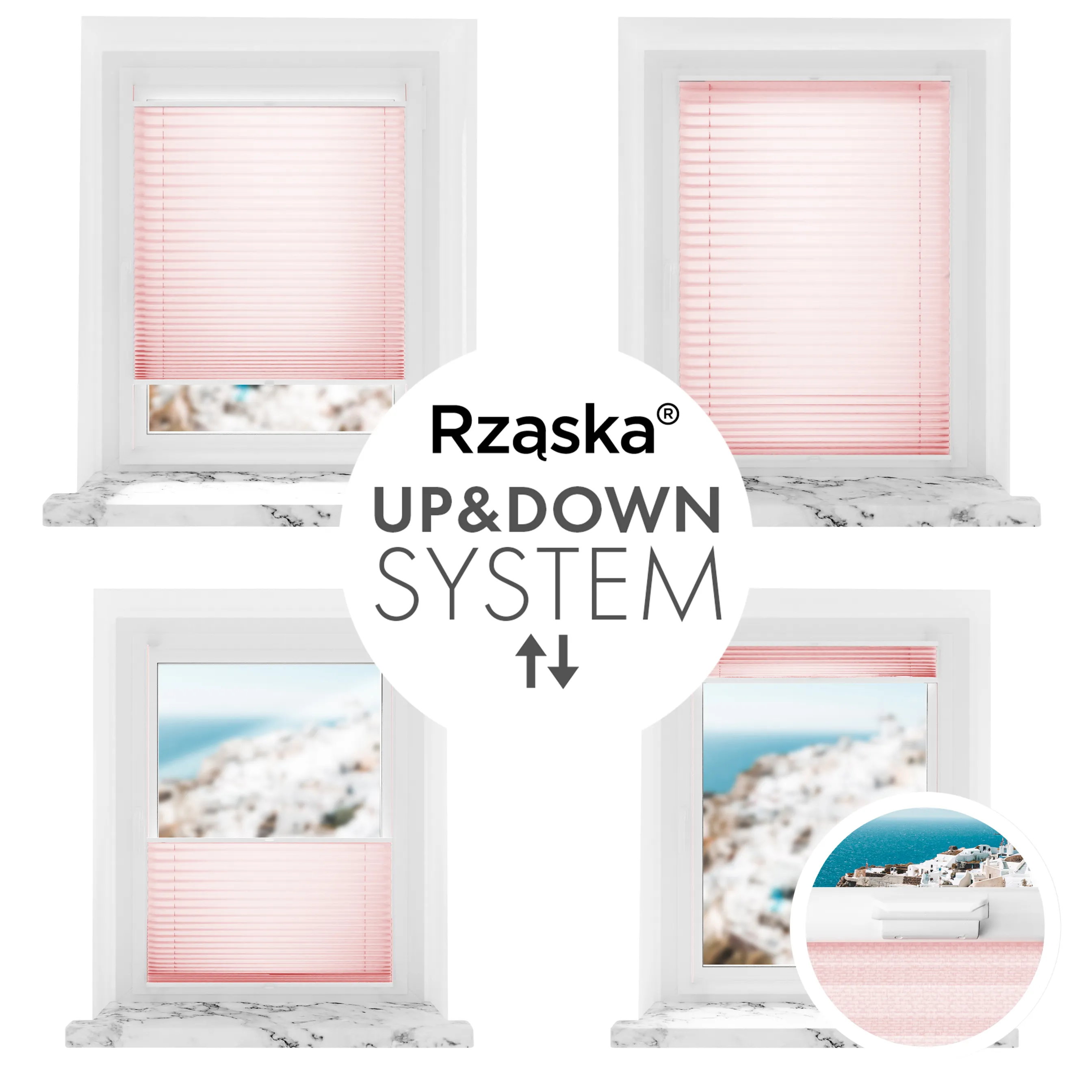 Bezinwazyjne plisy okienne Rząska® na wymiar, uchwyty Risinfix Incognito X do zaciskania, kolekcja Premium w kolorze Pudrowy róż, różowym z profilem białym.