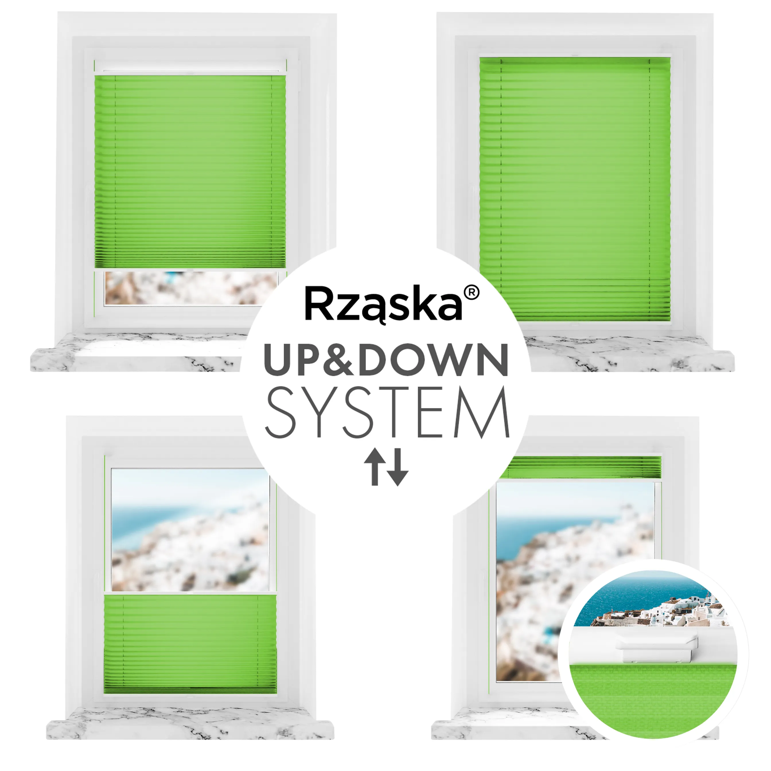 Bezinwazyjne plisy okienne Rząska® na wymiar, uchwyty Risinfix Incognito X do zaciskania, kolekcja Premium w kolorze Zielona łąka, zielonym z profilem białym.