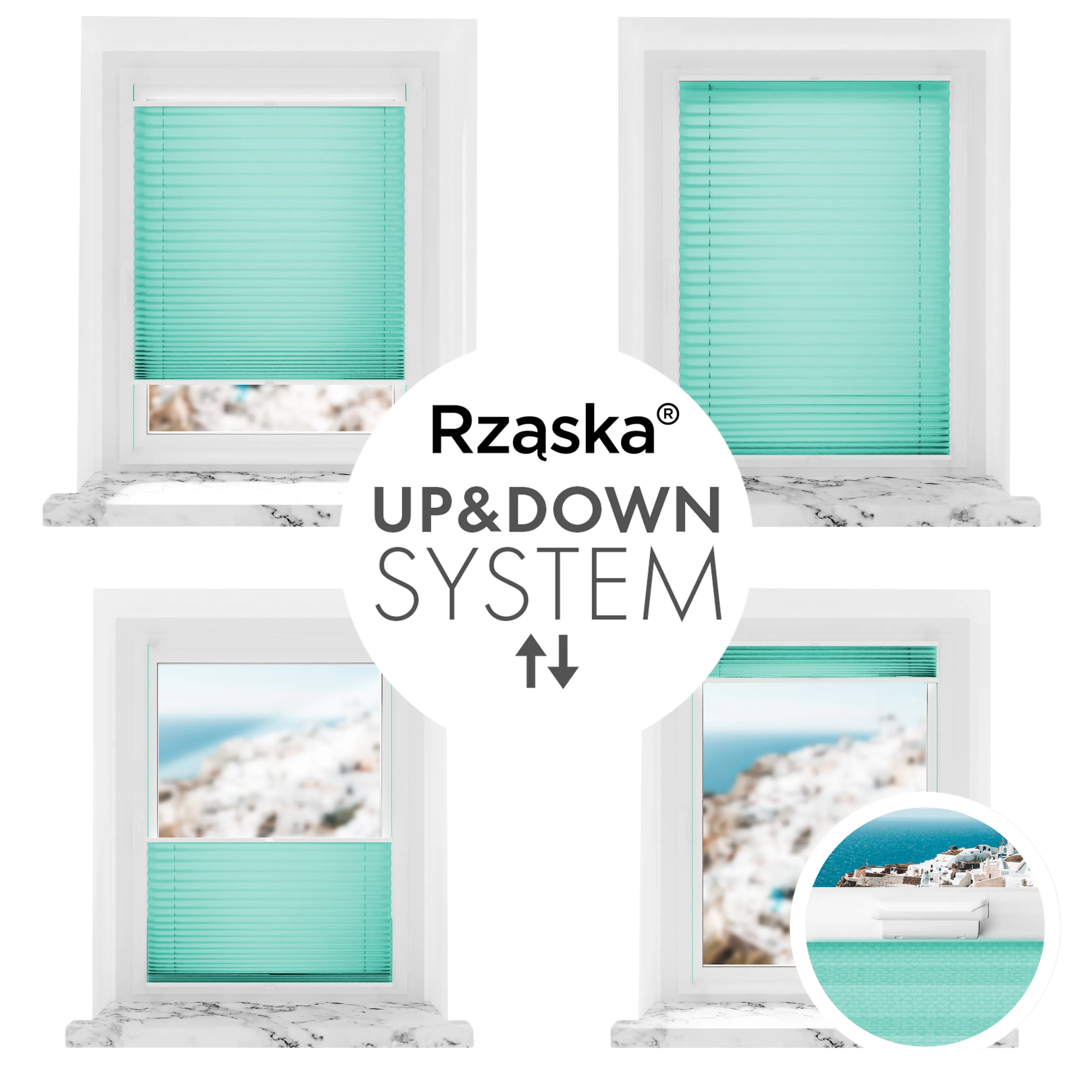 Bezinwazyjne plisy do okien Rząska® na wymiar, uchwyty Risinfix do zaciskania na imbus, kolekcja Premium w kolorze Błękitny ocean, turkusowym z profilem białym.