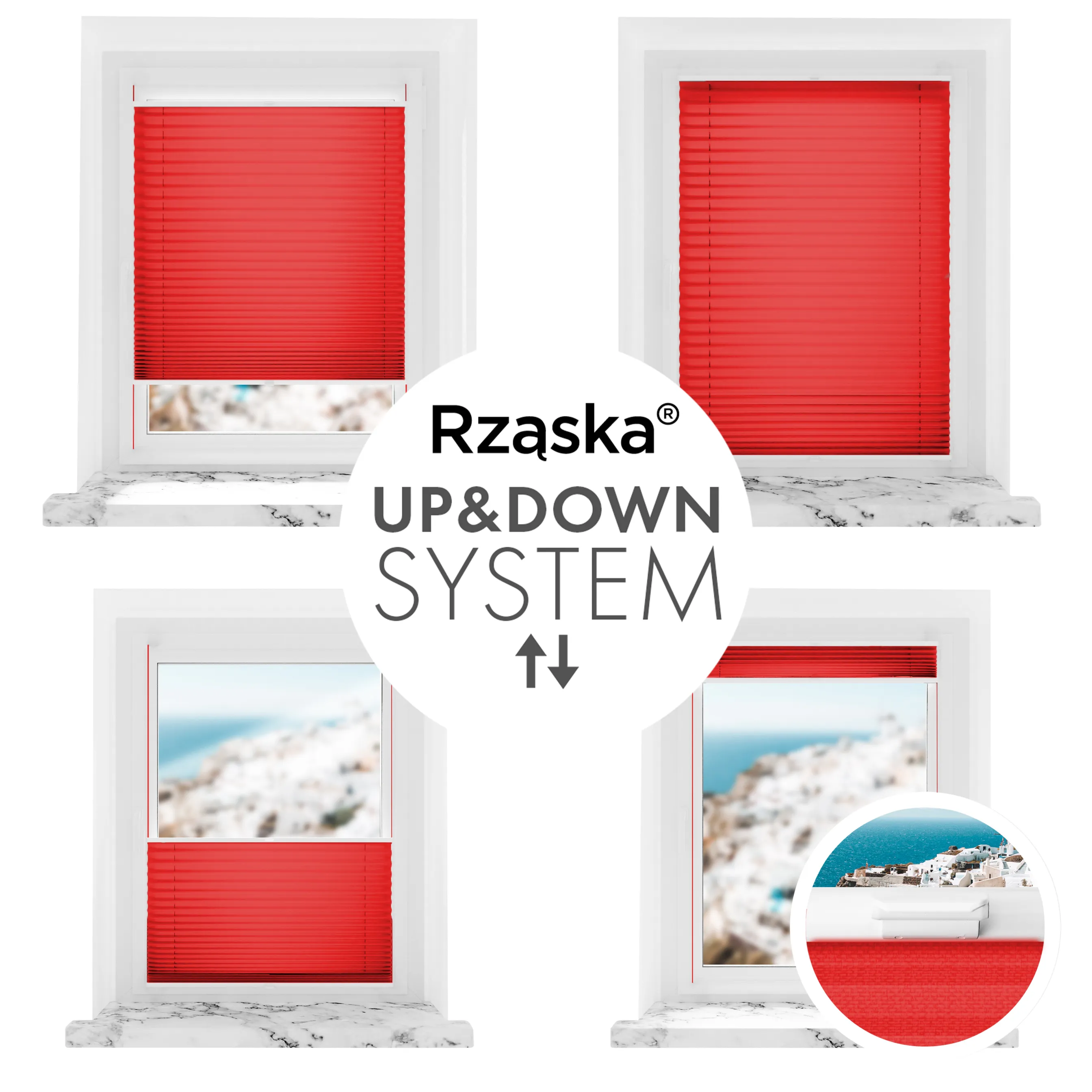 Inwazyjne rolety na okna Rząska® pod wymiar, uchwyty Risinfix do przykręcania, kolekcja Premium w kolorze Usta Geishy, czerwonym z profilem białym.
