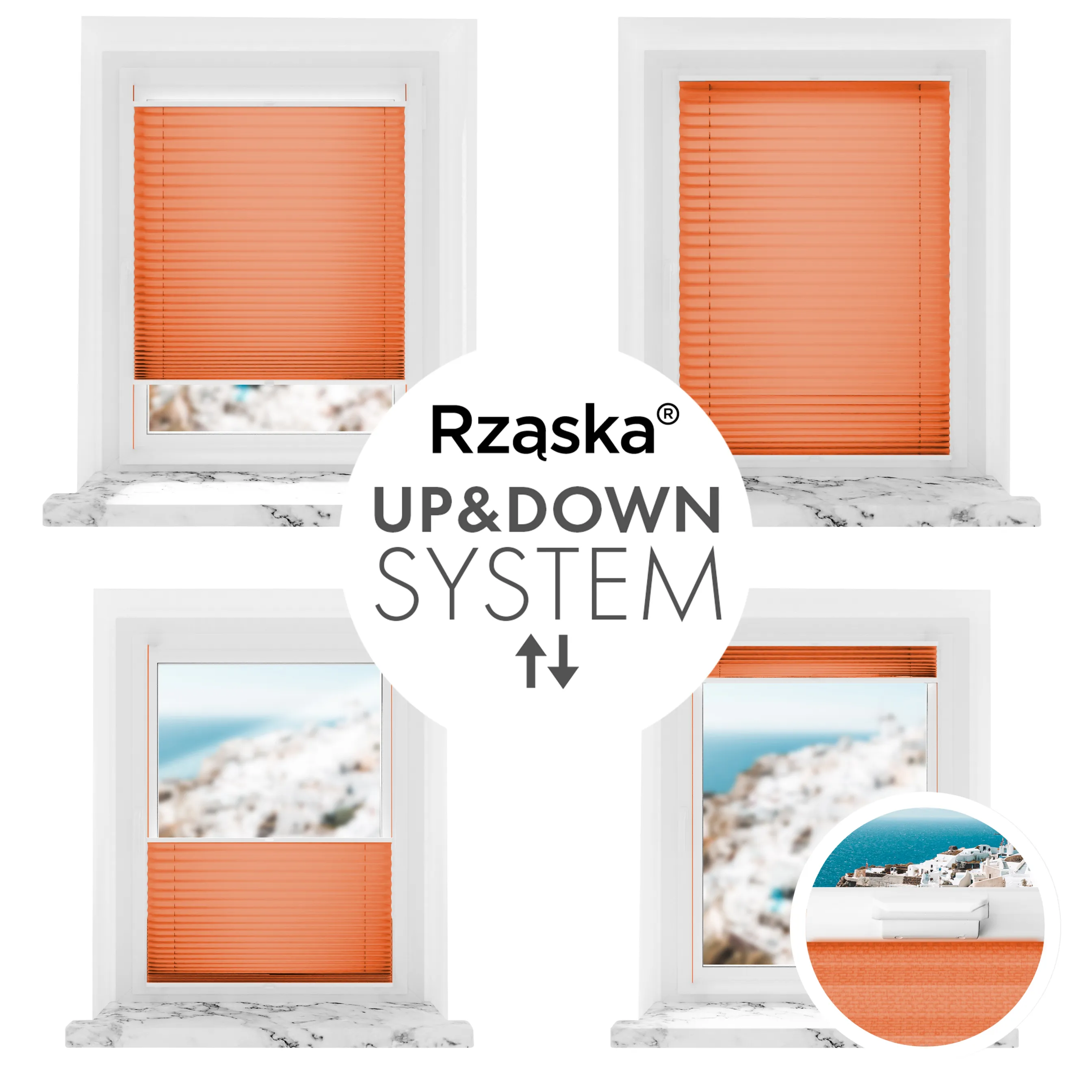 Bezinwazyjne plisy okienne Rząska® na wymiar, uchwyty Risinfix Incognito X do zaciskania, kolekcja Premium w kolorze Zachód słońca, pomarańczowym z profilem białym.