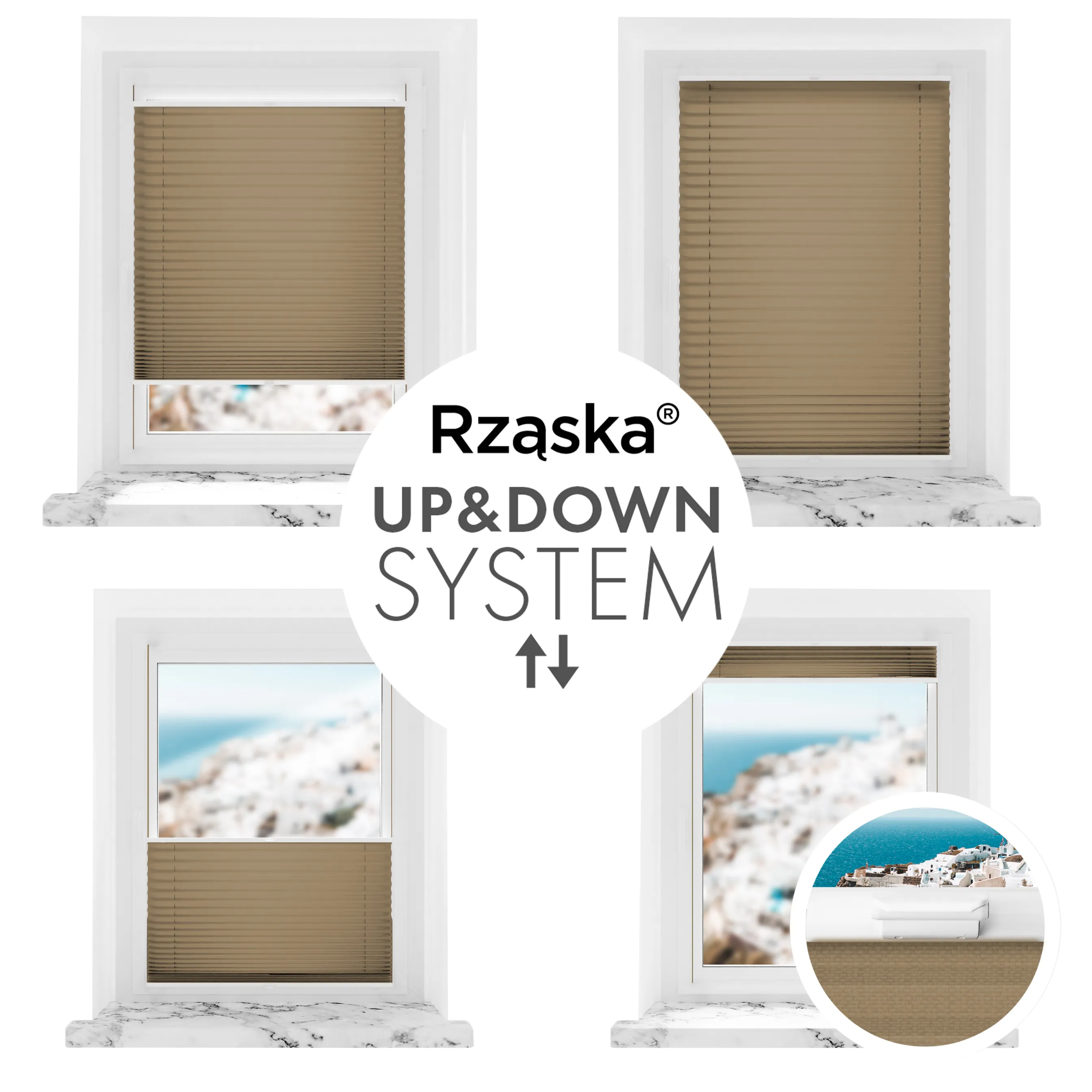 Bezinwazyjne plisy okienne Rząska® na wymiar, uchwyty Risinfix Incognito X do zaciskania, kolekcja Premium w kolorze Poranna kawa, jasnobrązowym z profilem białym.