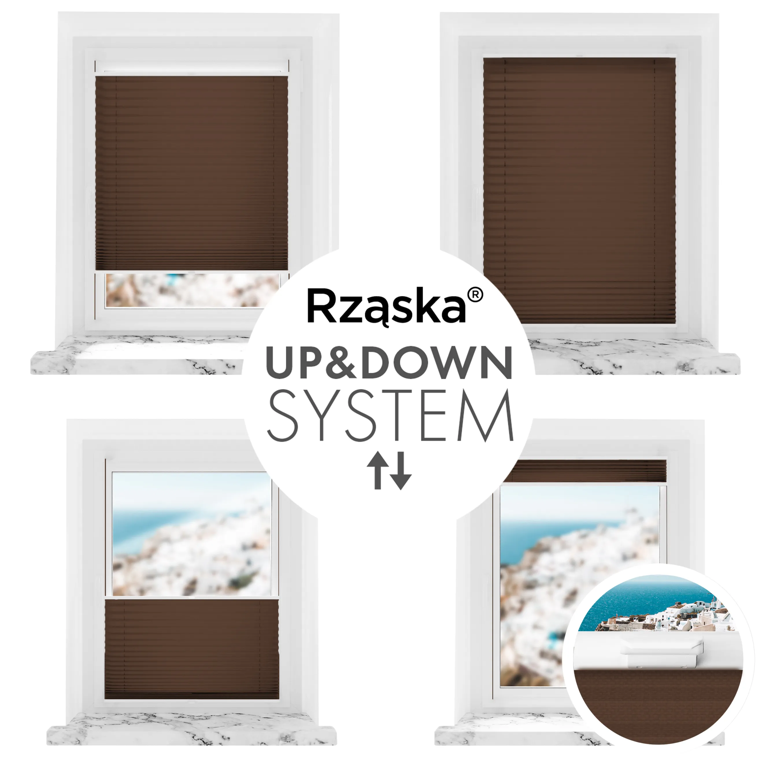 Bezinwazyjne plisy okienne Rząska® na wymiar, uchwyty Risinfix Incognito X do zaciskania, kolekcja Premium w kolorze Gorąca czekolada, ciemnego brązu z profilem białym.