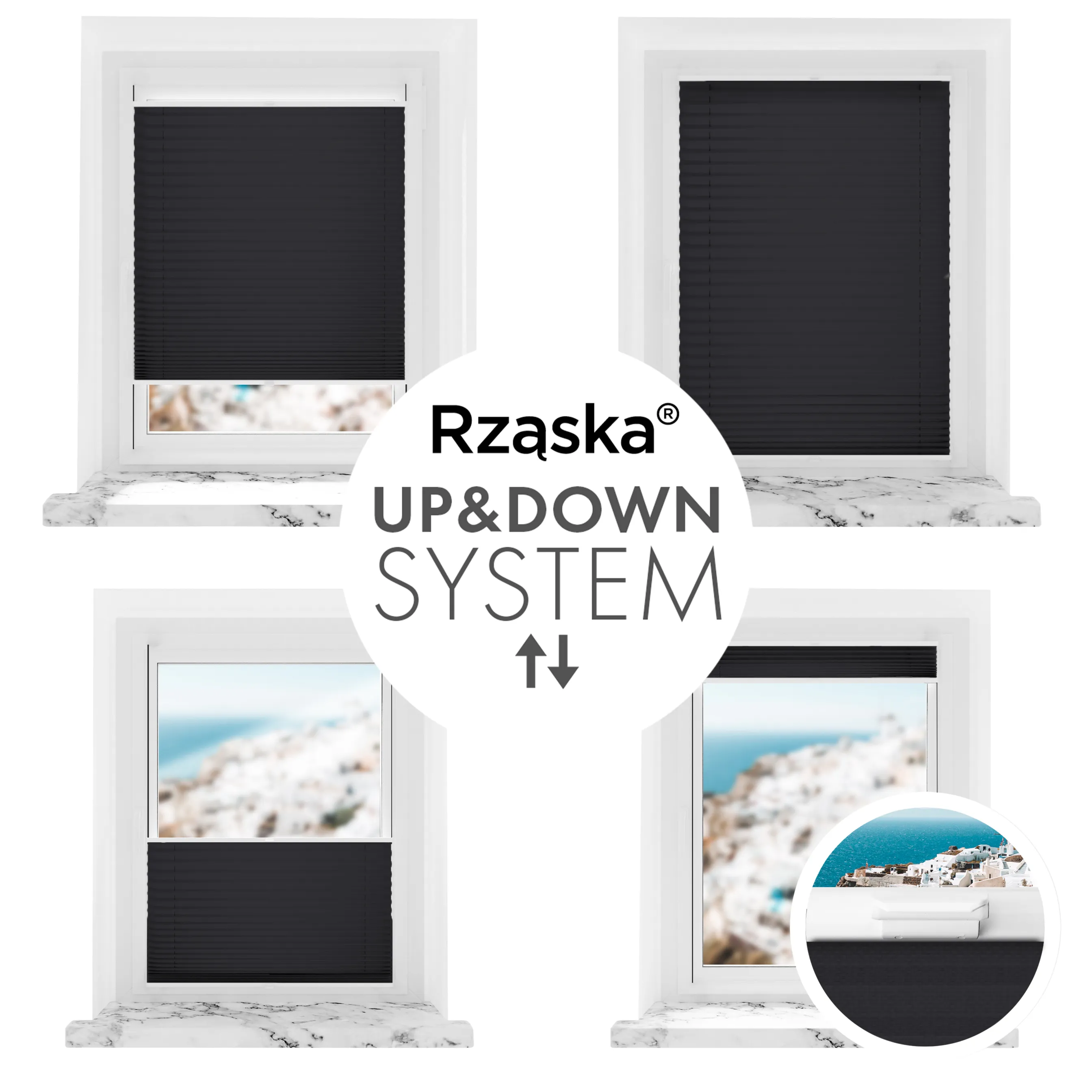 Bezinwazyjne plisy okienne Rząska® na wymiar, uchwyty Risinfix Incognito X do zaciskania, kolekcja Premium w kolorze Śląski węgiel, czarnym z profilem białym.