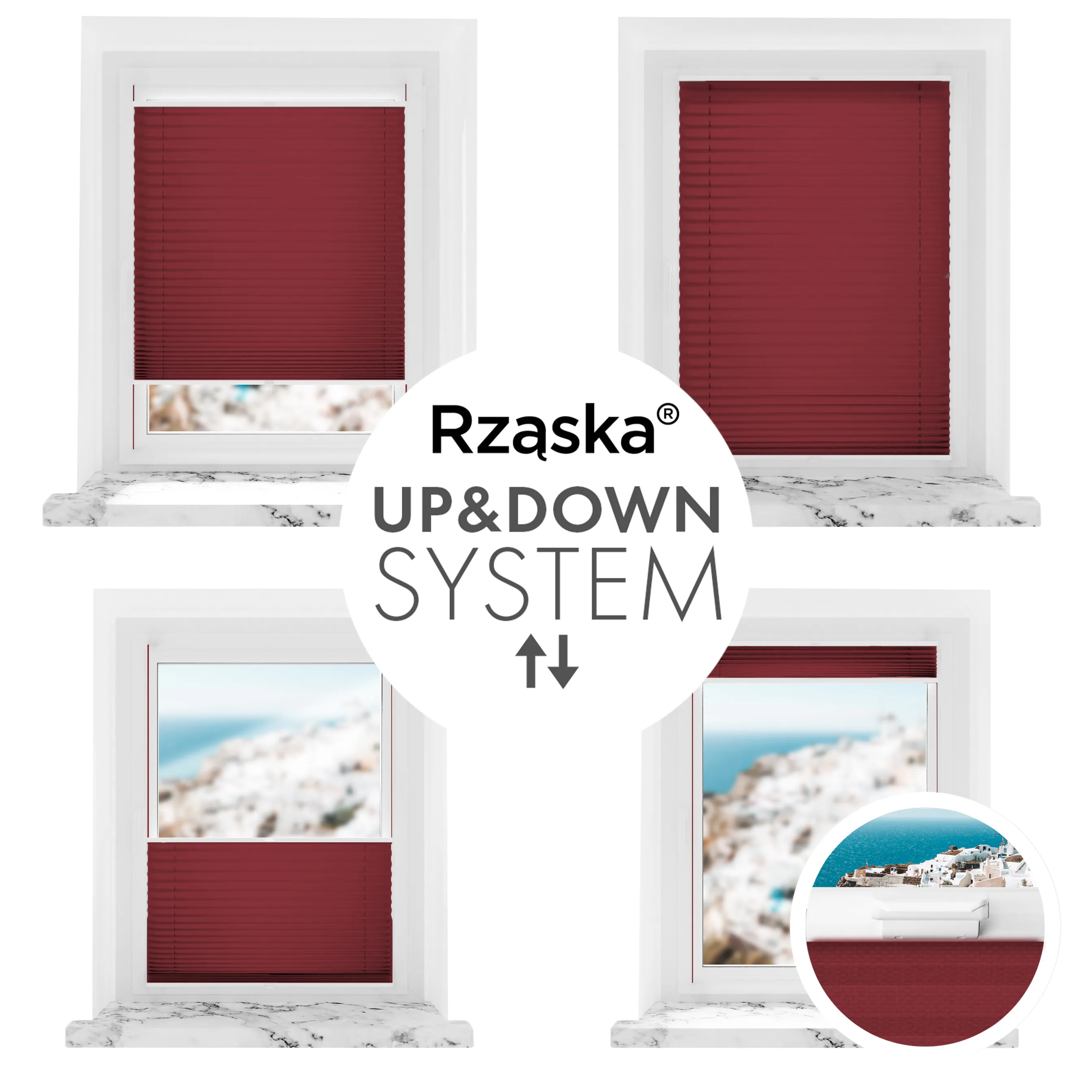 Inwazyjne rolety okienne wewnętrzne Rząska® na wymiar, uchwyty Risinfix Double 2w1, kolekcja Premium w kolorze Rubinowa Zagadka, ciemno czerwonym z profilem białym.