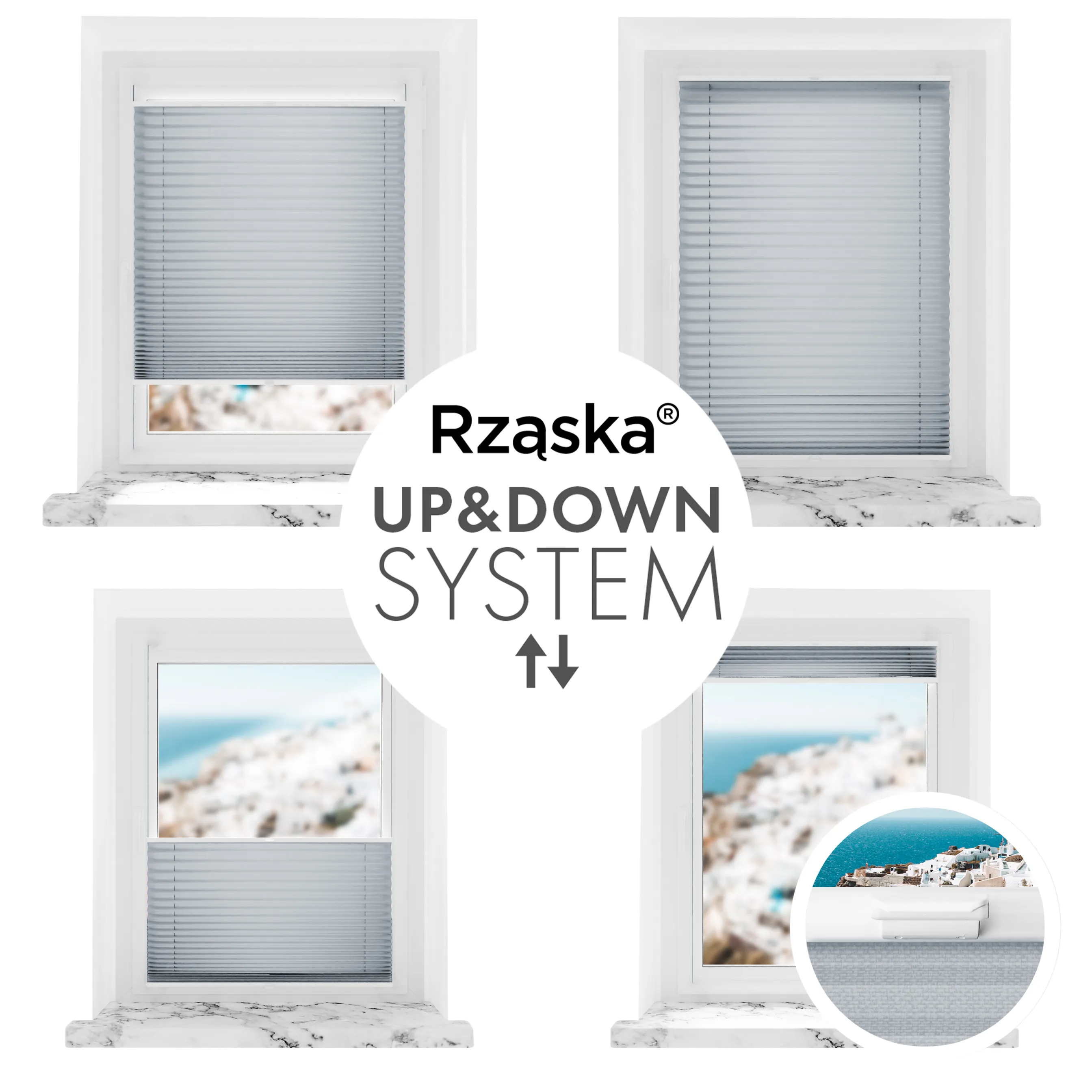 Bezinwazyjne plisy okienne Rząska® na wymiar, uchwyty Risinfix Incognito X do zaciskania, kolekcja Premium w kolorze Srebrna Sonata, szarego z profilem białym.