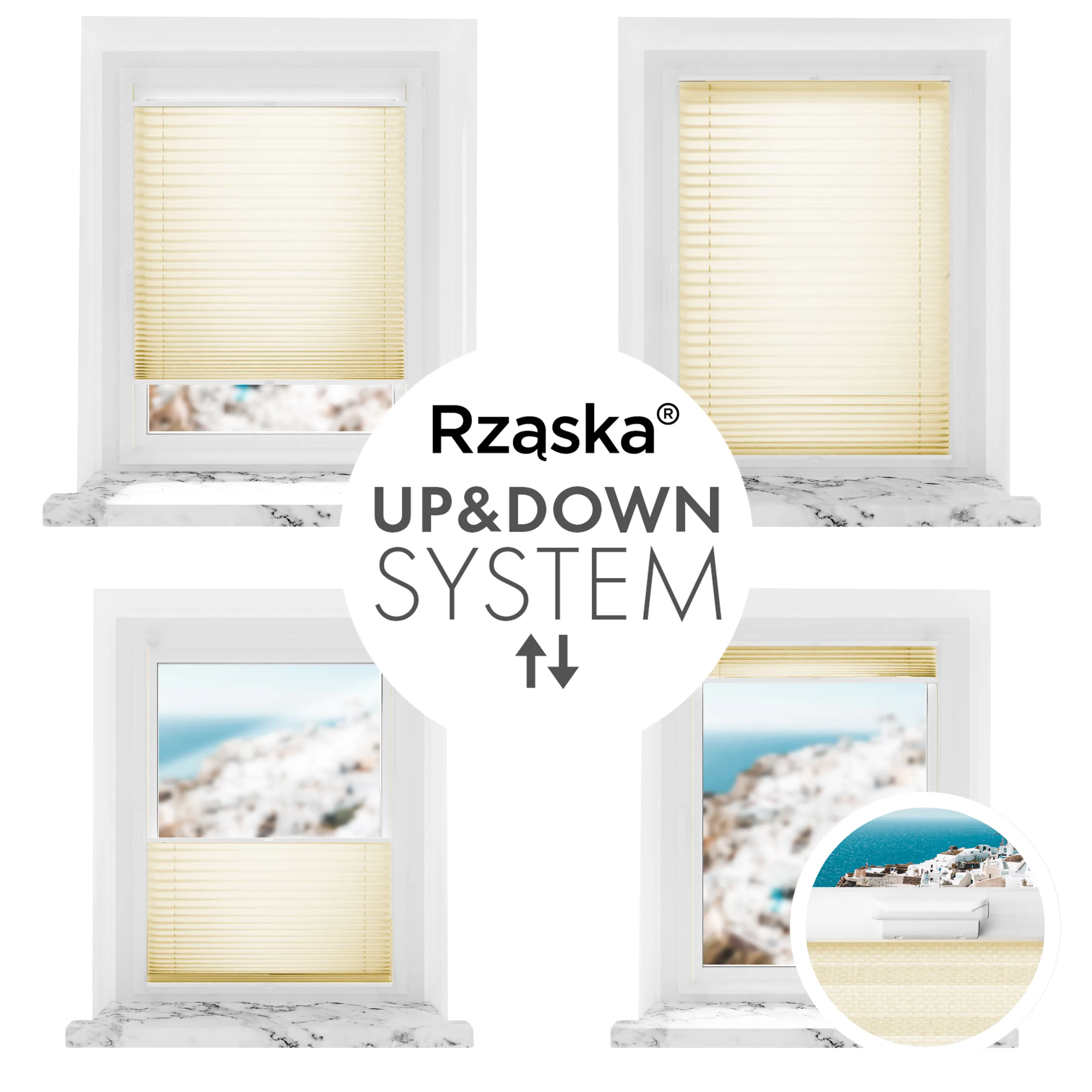 Bezinwazyjne plisy zaciemniające Rząska® na wymiar, uchwyty Risinfix Incognito X do zaciskania, kolekcja Thermo w kolorze Kawa z mlekiem, beżowym z profilem białym.