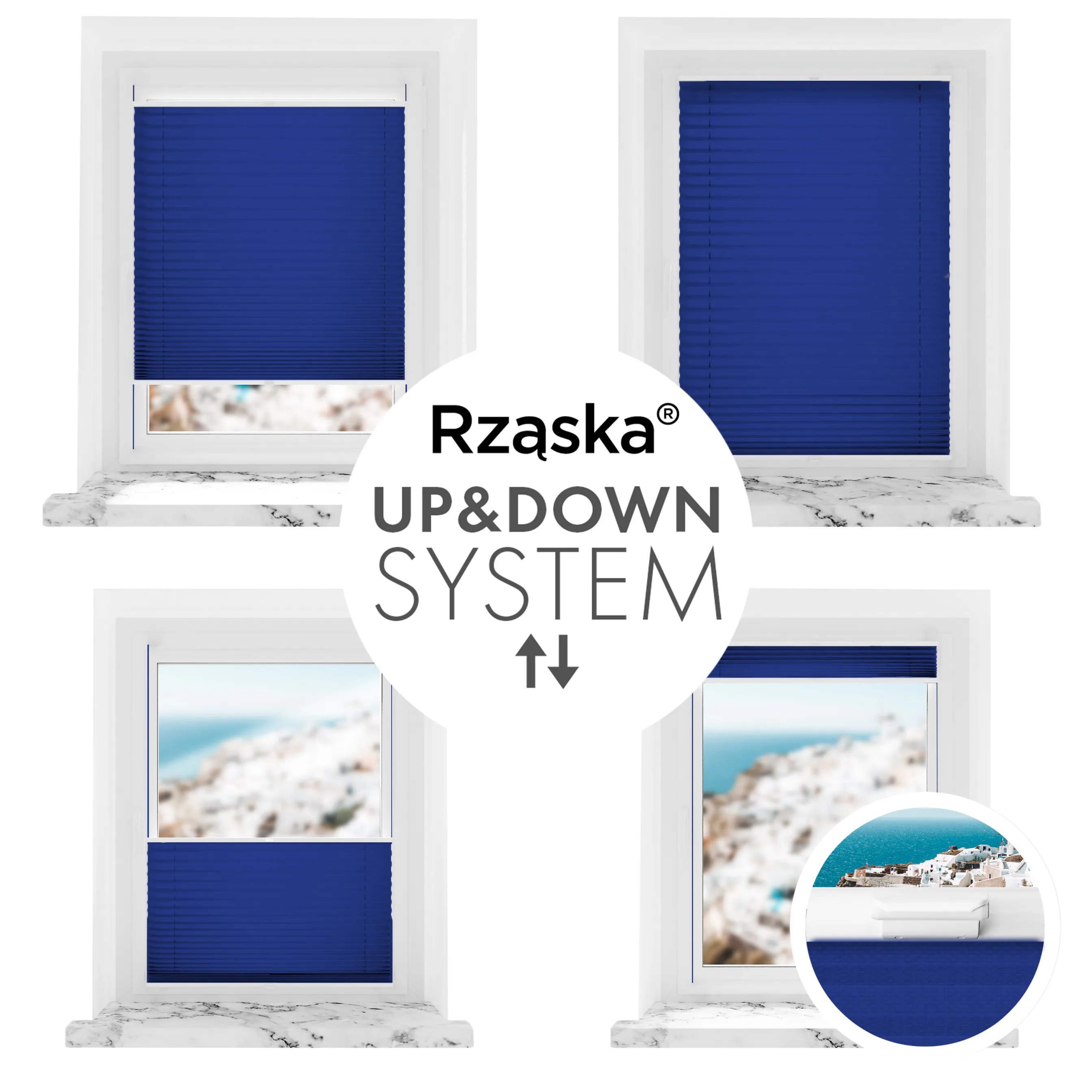 Bezinwazyjne plisy zaciemniające Rząska® na wymiar, uchwyty Risinfix Incognito X do zaciskania, kolekcja Thermo w kolorze Walc fal, niebieskim z profilem białym.