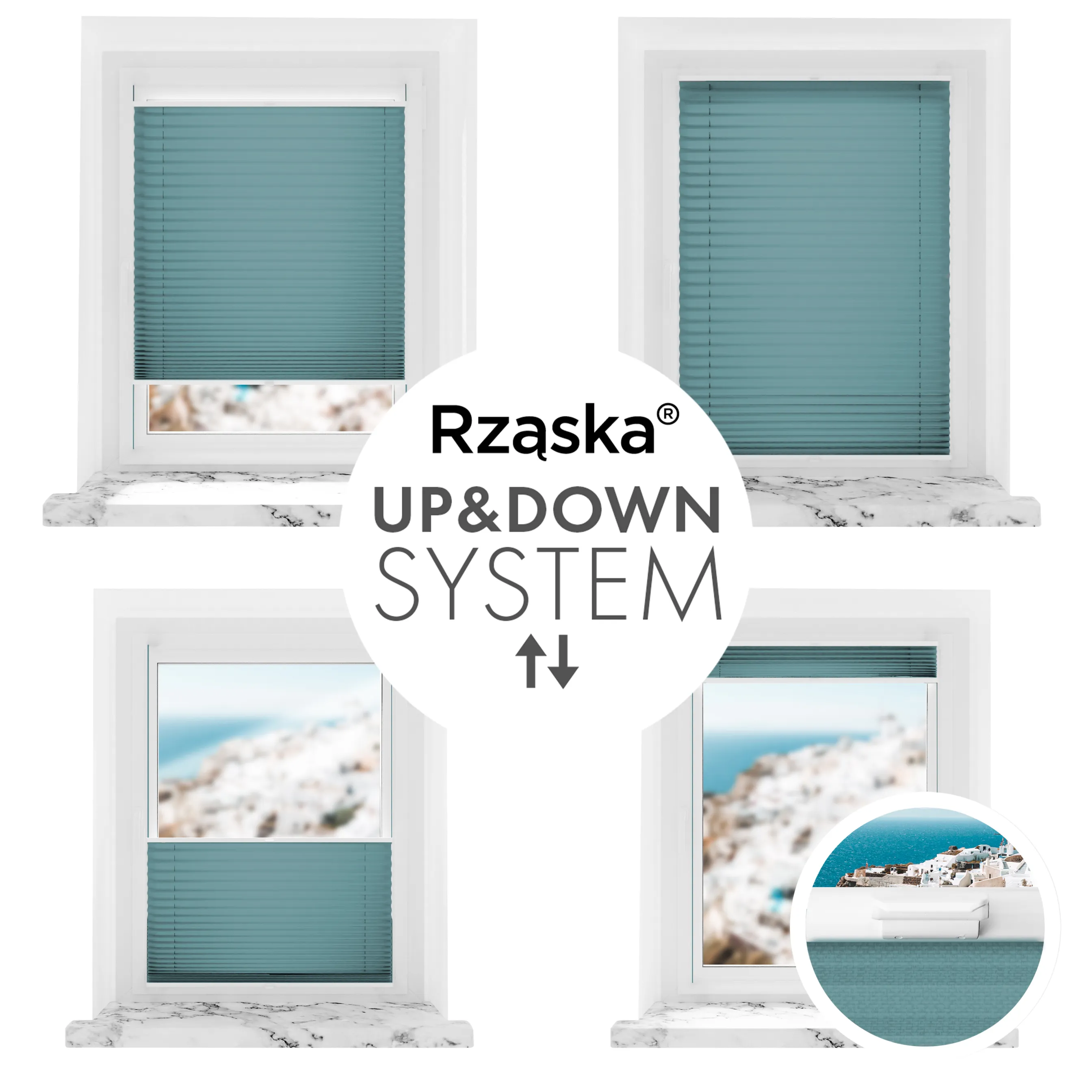 Bezinwazyjne plisy zaciemniające Rząska® na wymiar, uchwyty Risinfix Incognito X do zaciskania, kolekcja Thermo w kolorze Turkusowa aura, niebieskim z profilem białym.