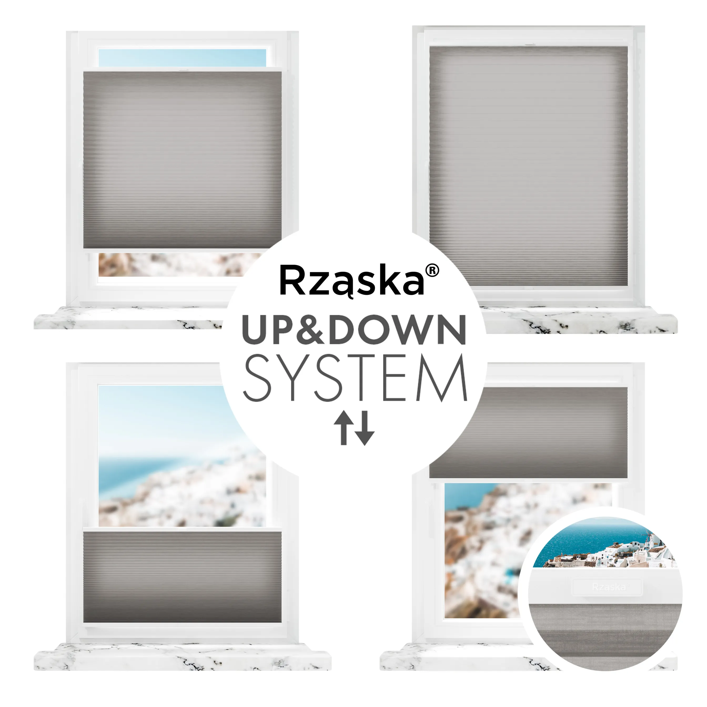 Rząska® bezinwazyjna roleta termoizolacyjna na wymiar • Thermo Honeycomb (Plaster Miodu): kolor tkaniny Makowy Pył, ciemnoszary • Risinfix Double 2w1 • kolor profili biały