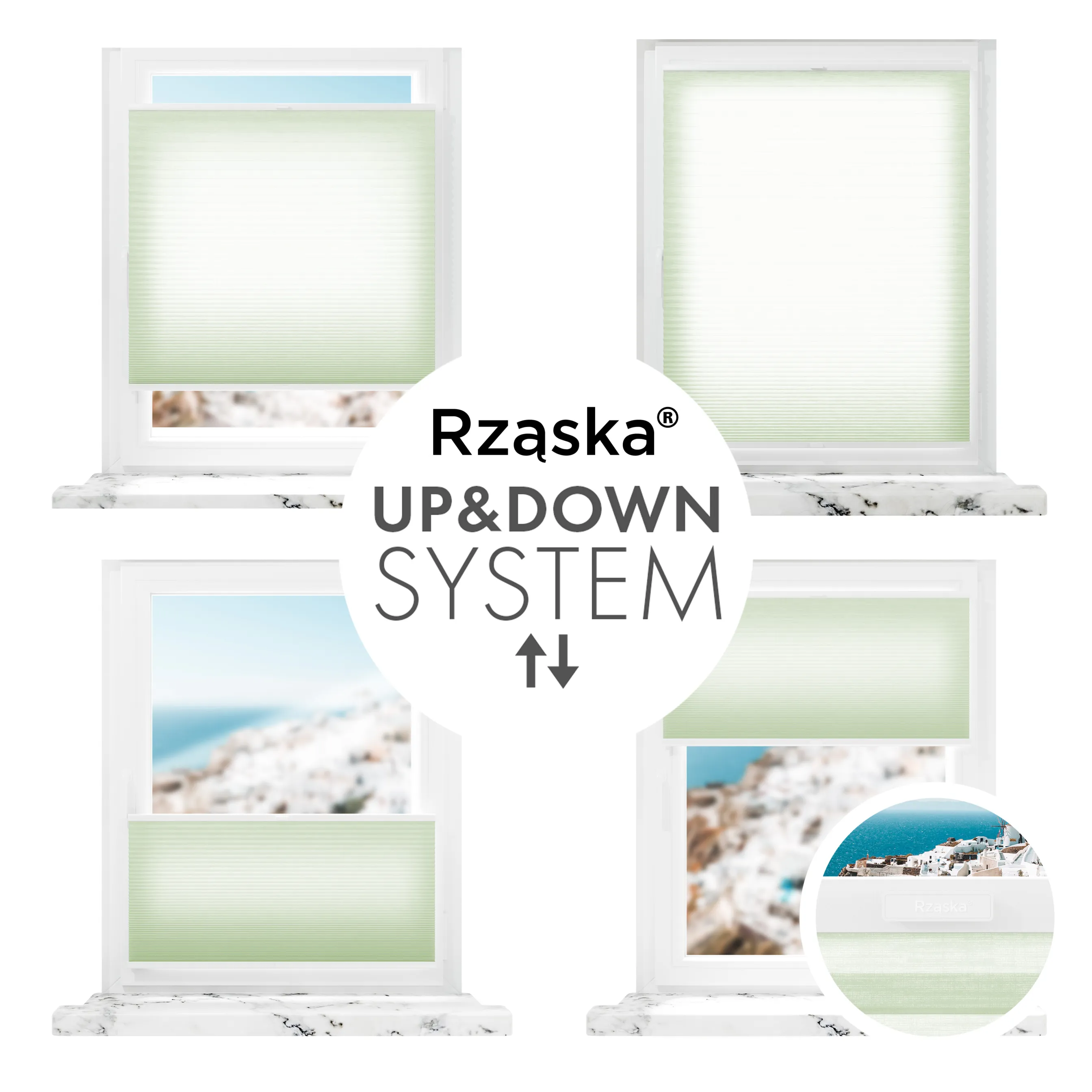 Rząska® bezinwazyjna roleta termoizolacyjna na wymiar • Thermo Honeycomb (Plaster Miodu): kolor tkaniny Matcha Latte, pastelowa zieleń • Risinfix Double 2w1 • kolor profili biały