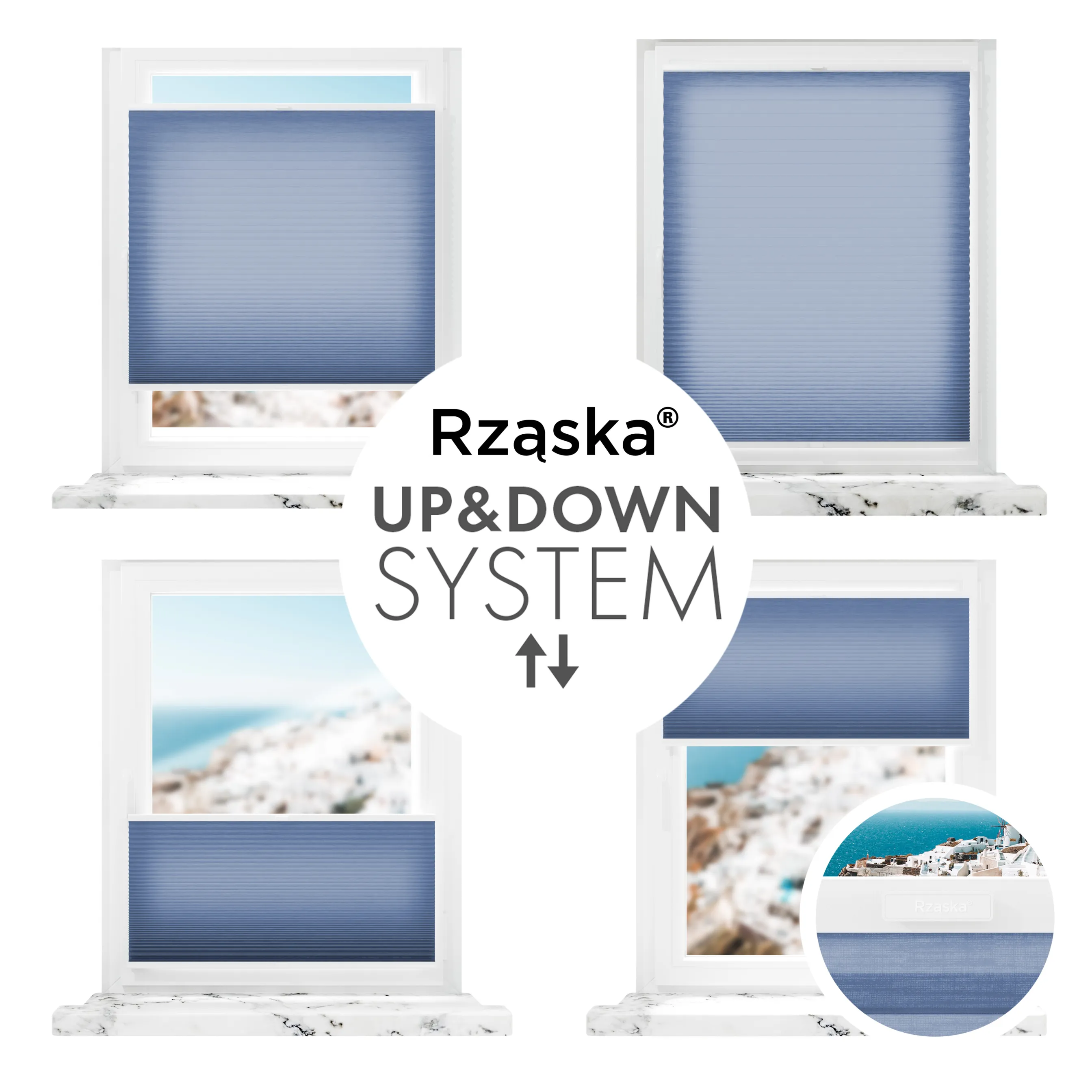 Rząska® bezinwazyjna roleta termoizolacyjna na wymiar • Thermo Honeycomb (Plaster Miodu): kolor tkaniny Borówkowy Blues, ciemnoniebieski • Risinfix Double 2w1 • kolor profili biały