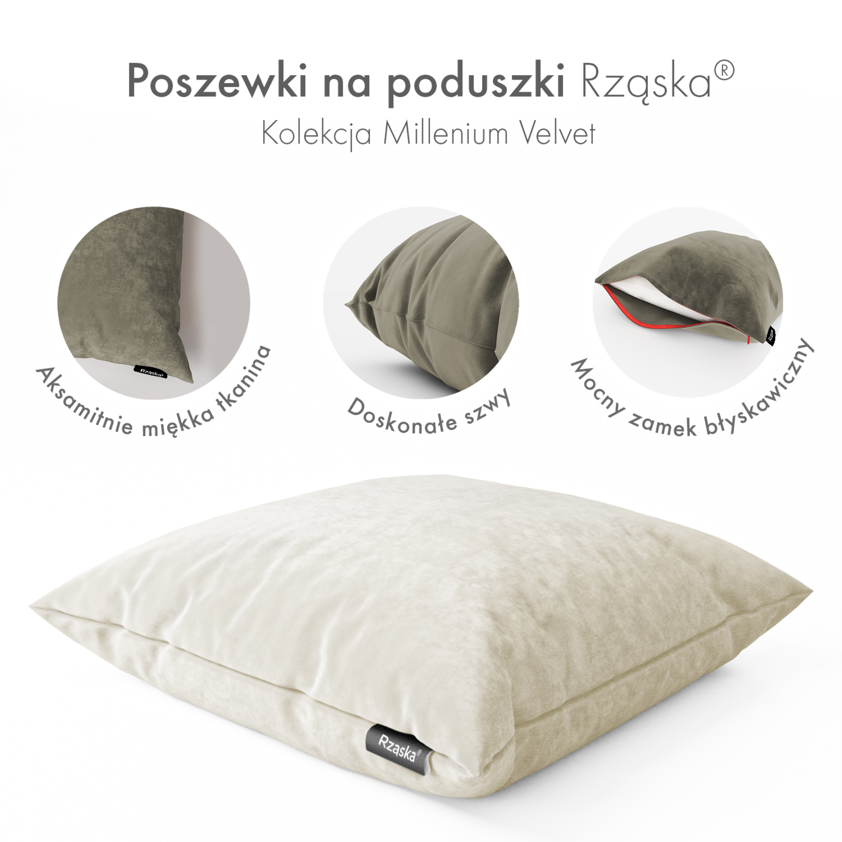 Dekoracyjne poszewki na poduszki Rząska® w rozmiarze 60x60 cm, przytulne i miękkie z kolekcji Millenium Velvet w kolorze Polar Bear, biało-szarym.
