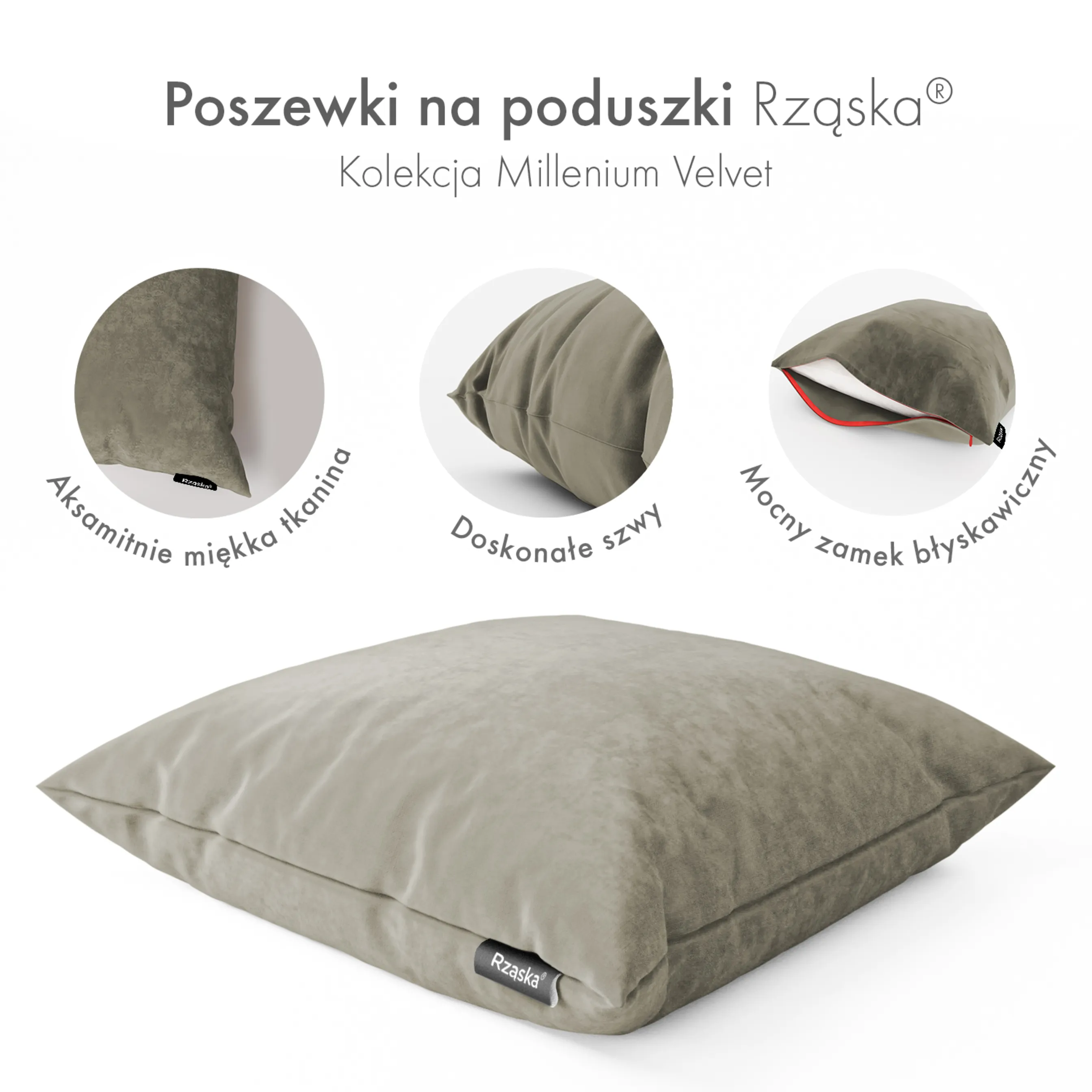 Dekoracyjne poszewki na poduszki Rząska® w rozmiarze 50x50 cm, przytulne i miękkie z kolekcji Millenium Velvet w kolorze Grey Goose, beżowym.