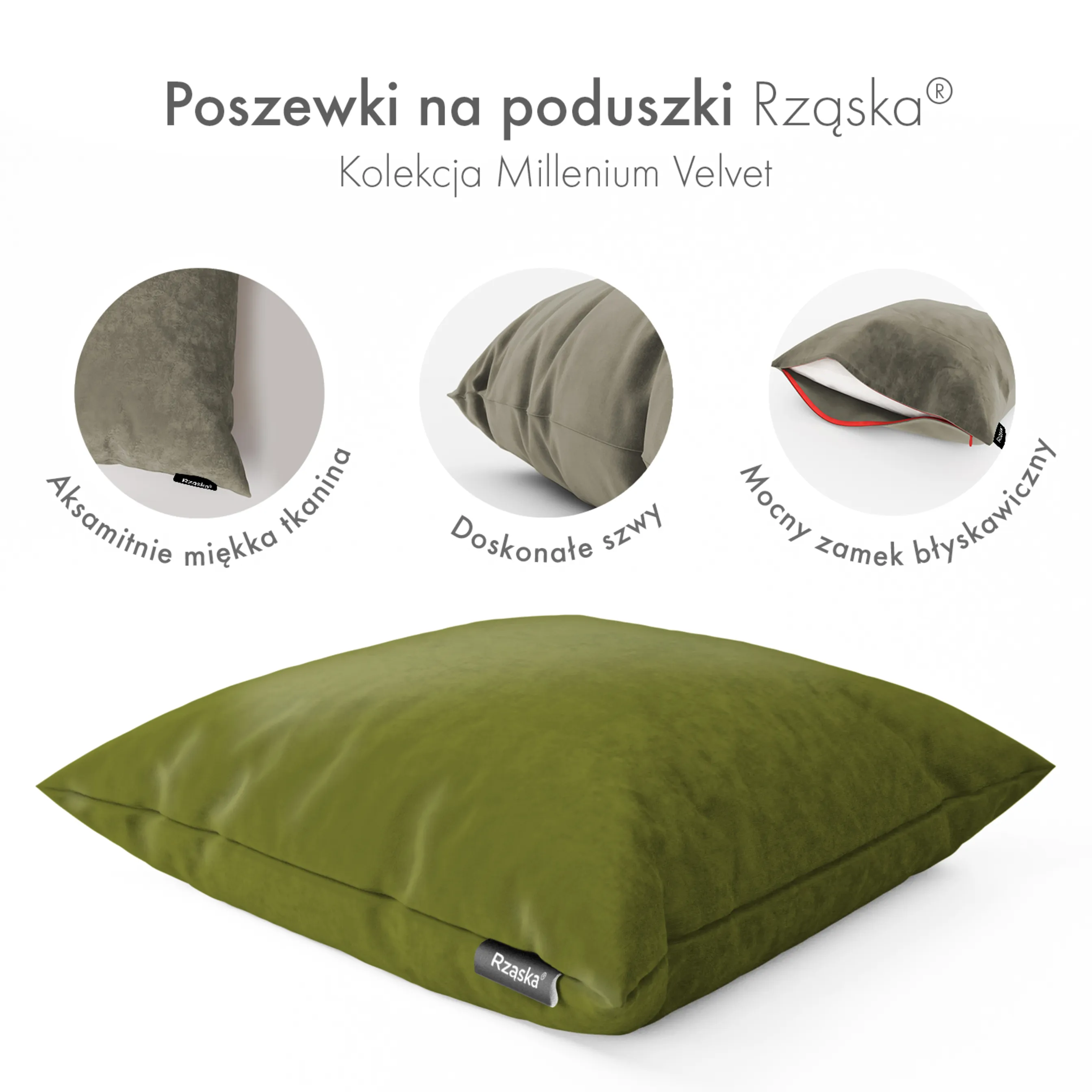 Dekoracyjne poszewki na poduszki Rząska® w rozmiarze 40x40 cm, przytulne i miękkie z kolekcji Millenium Velvet w kolorze Olives Garden, zielonym.