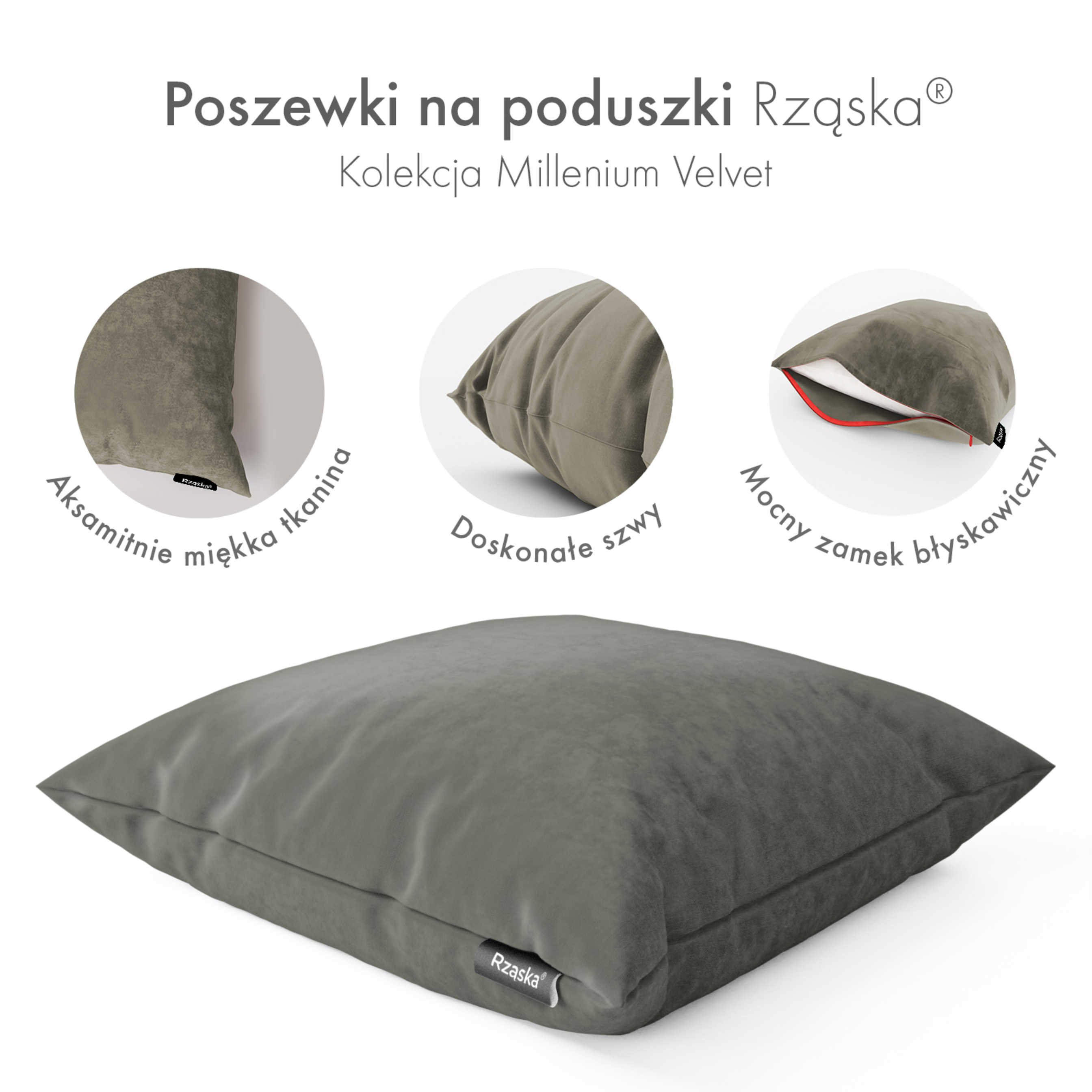 Dekoracyjne poszewki na poduszki Rząska® w rozmiarze 40x40 cm, przytulne i miękkie z kolekcji Millenium Velvet w kolorze Umber Gray, szarym.